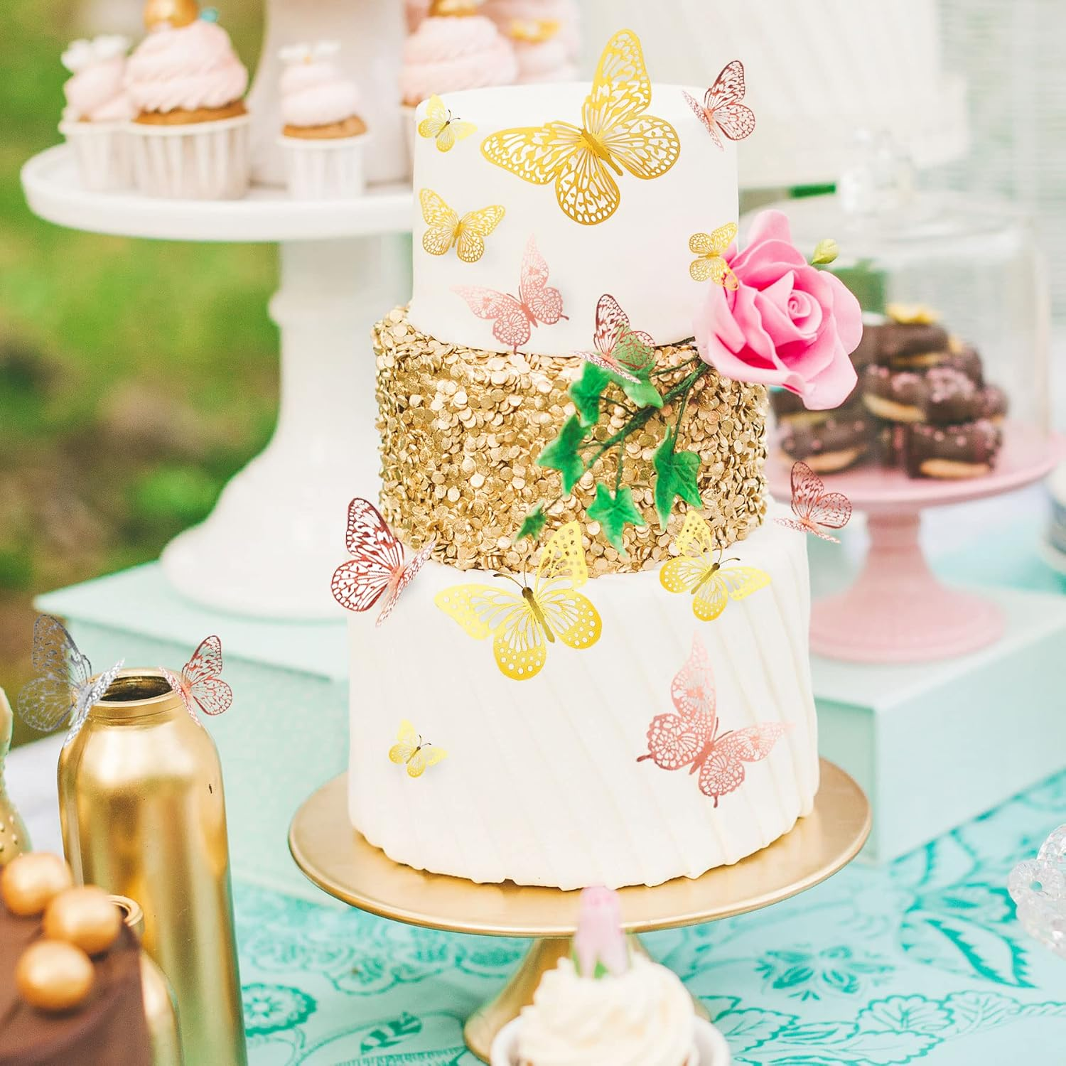 Butterfly Cake Decorations 36 Pcs Glitter 3D Butterflies Cupcake Toppers Rose Gold Hollow Cake Topper for Birthday Wedding Party Sticker Decoration image number 2