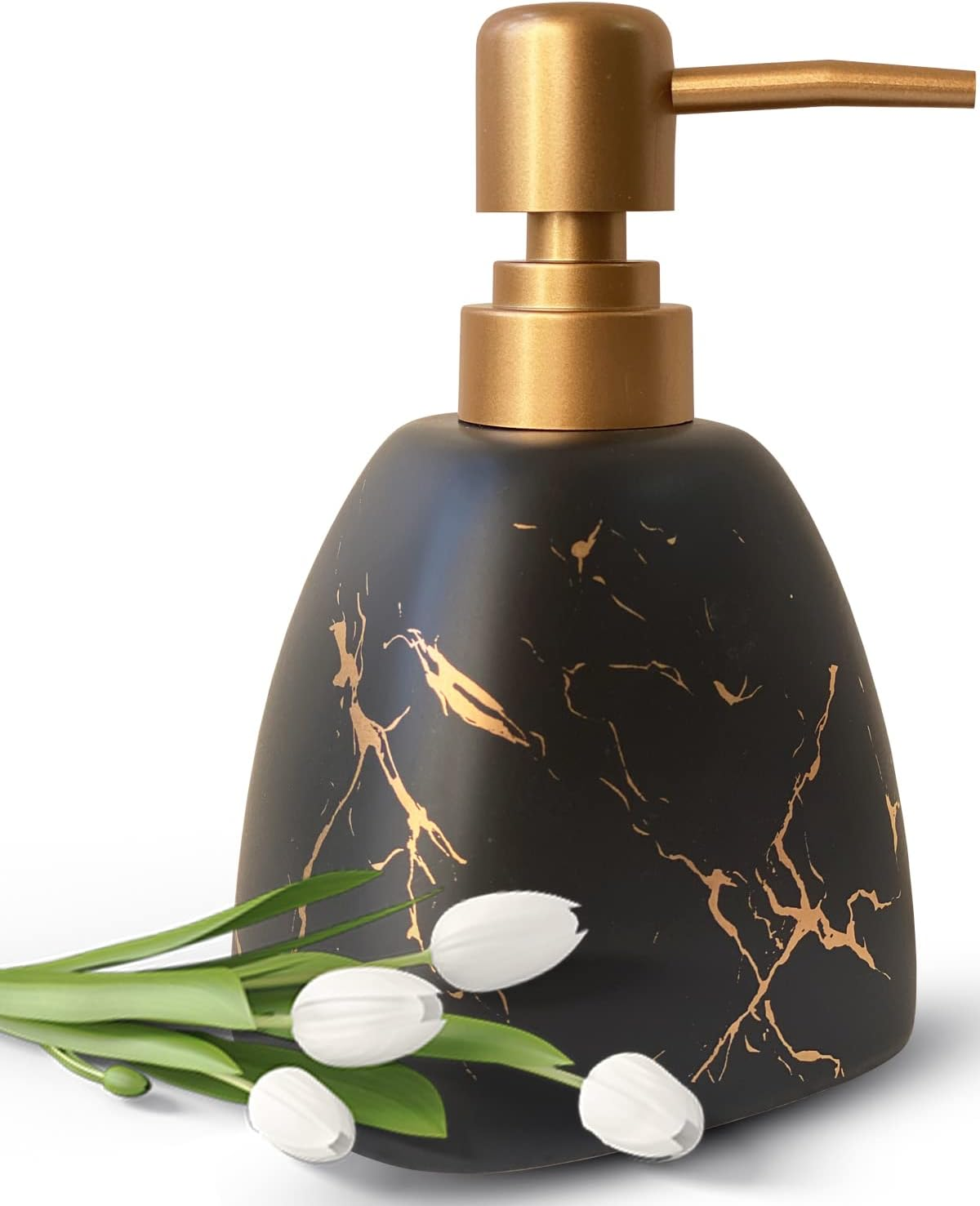 Grey Ceramic Soap Dispenser for Bathroom & Kitchen with Marble Pattern Liquid Hand Dispenser Pump Bottle (Grey) - Khaki image number 6