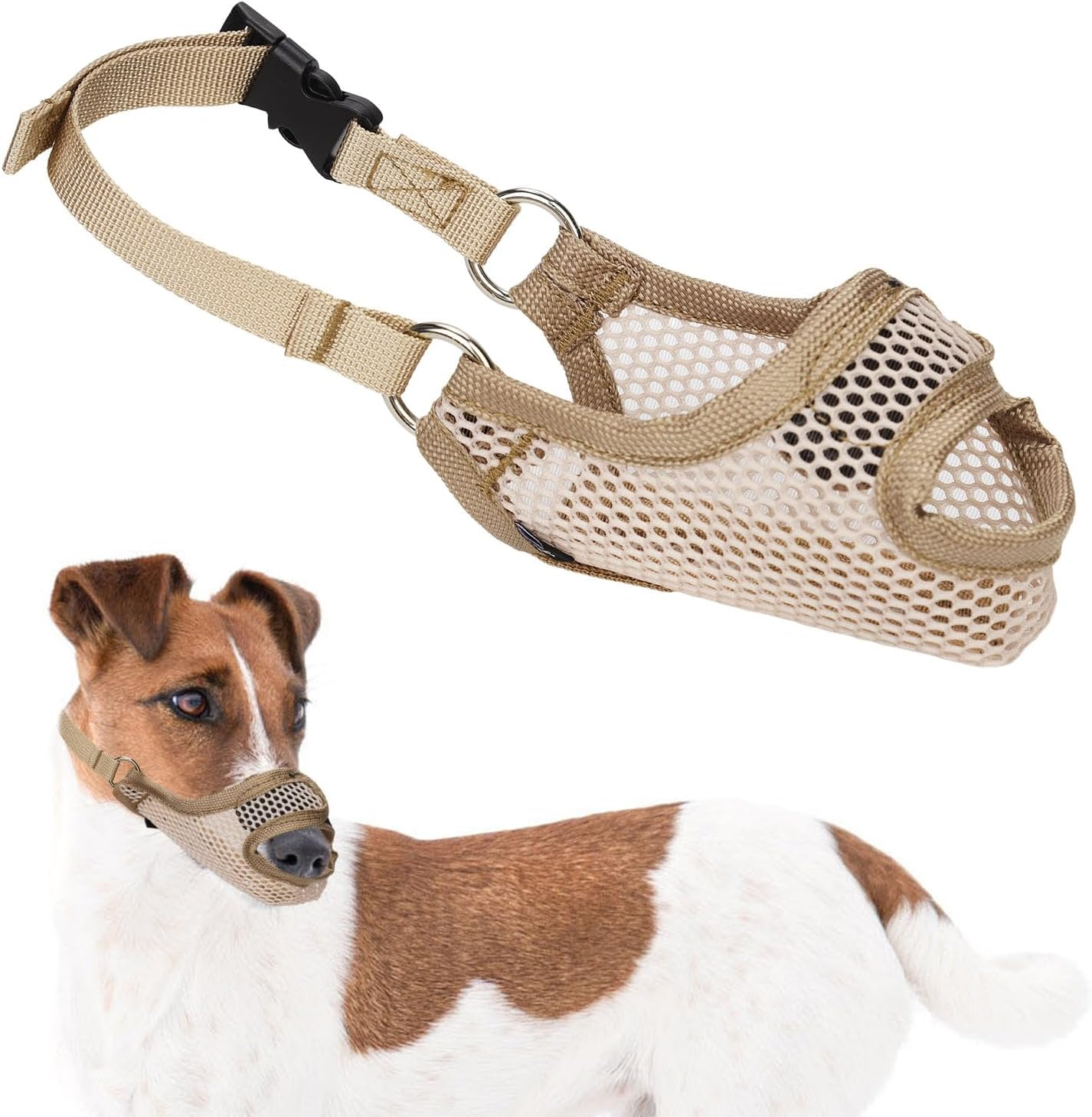 Muzzle for Small Sized Dog, Soft XS Dog Mouth Muzzle anti Biting with Front Opening Design Breathable Dog Muzzle Harness to Stop Chewing Mesh Muzzle Guard for Dogs Pet Gift (Khaki) image number 5
