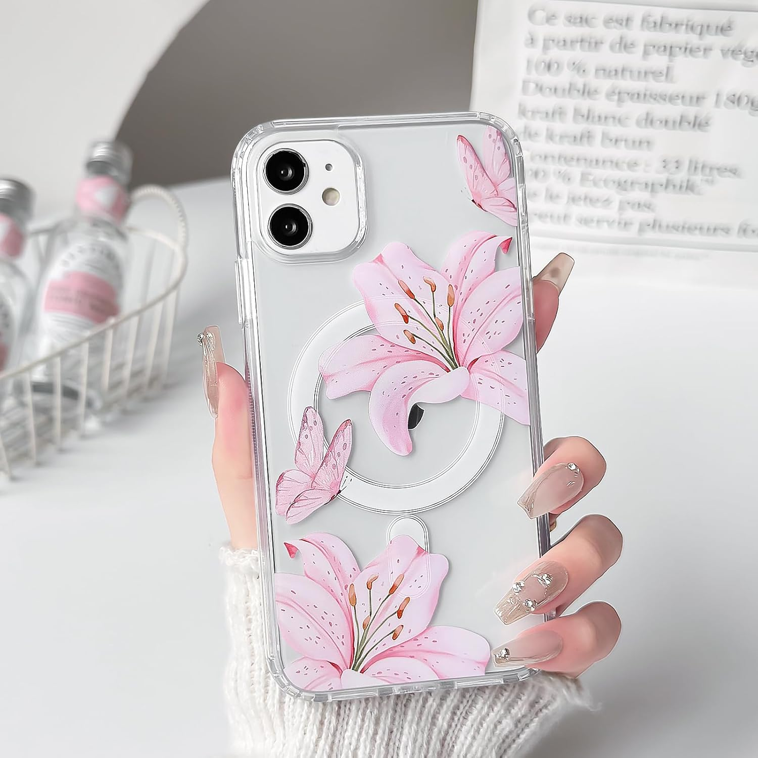 NITITOP Compatible with Iphone 11 Case Clear Magnetic Compatible with Magsafe Cute Lily Flowers Floral for Women Girls Hard PC Back Shockproof Protective Phone Cover - Pink image number 5