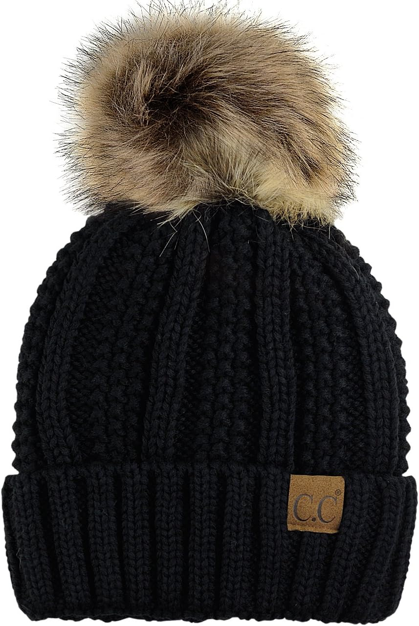 C.C Thick Cable Knit Faux Fuzzy Fur Pom Fleece Lined Skull Cap Cuff Beanie - 2 Tone Black/Dark Beige image number 5