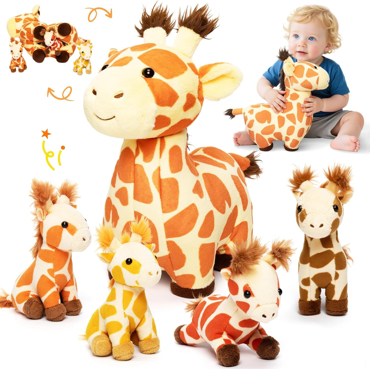 OUOZZZ Highland Cow Stuffed Animals -Plush Toys Set Mommy and 4 Little Cattle Babies Inside, Baby Toys Birthday Gift Present Toys for Girls Boys Kids Toddler Infant