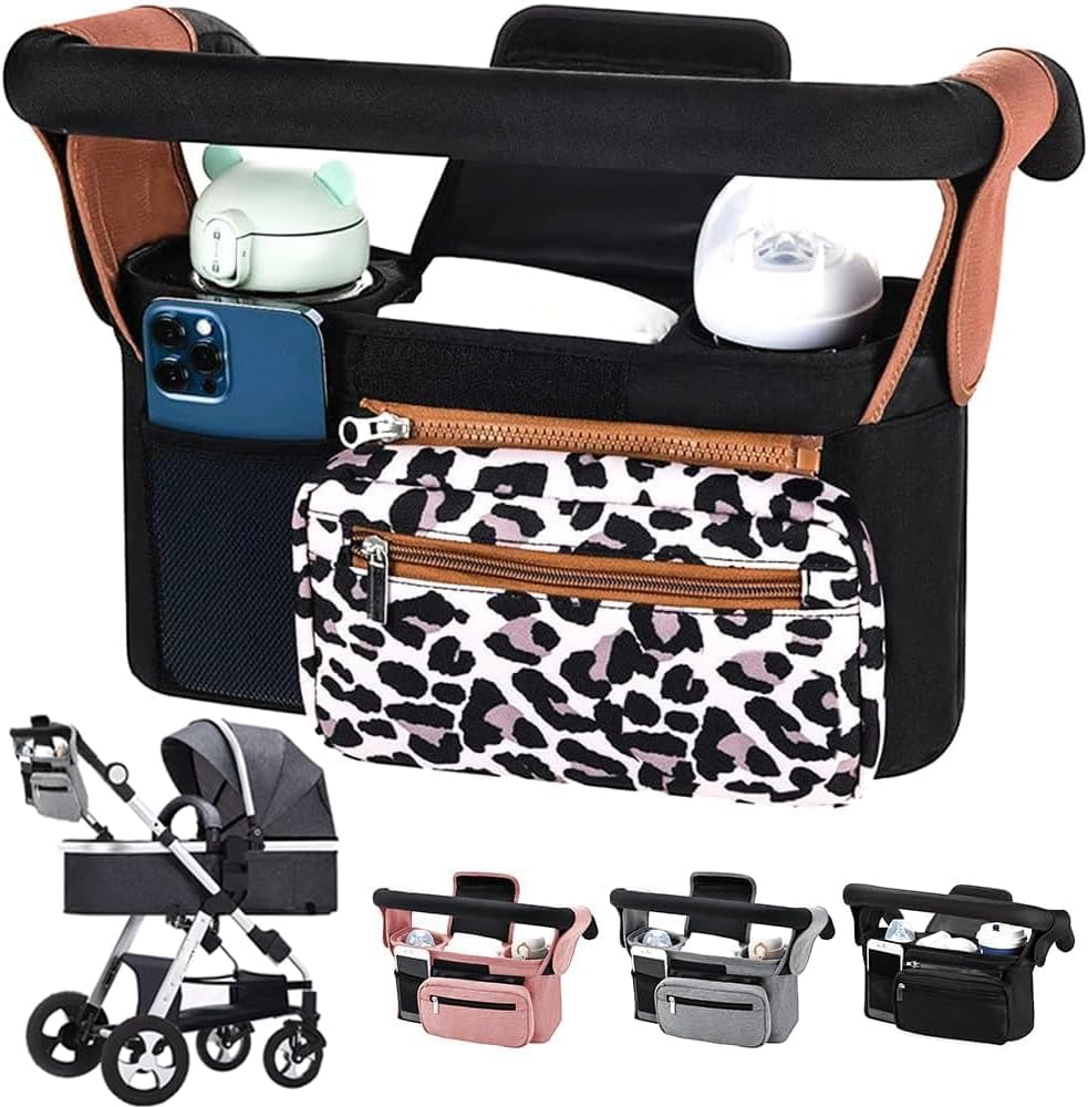 BLAZDEVE Baby Stroller Organizer with Insulated Cup Holder, Large Storage Space Stroller Bag with Detachable Phone Bag and Shoulder Strap for Uppababy, for Baby Jogger, for Britax (Pink)