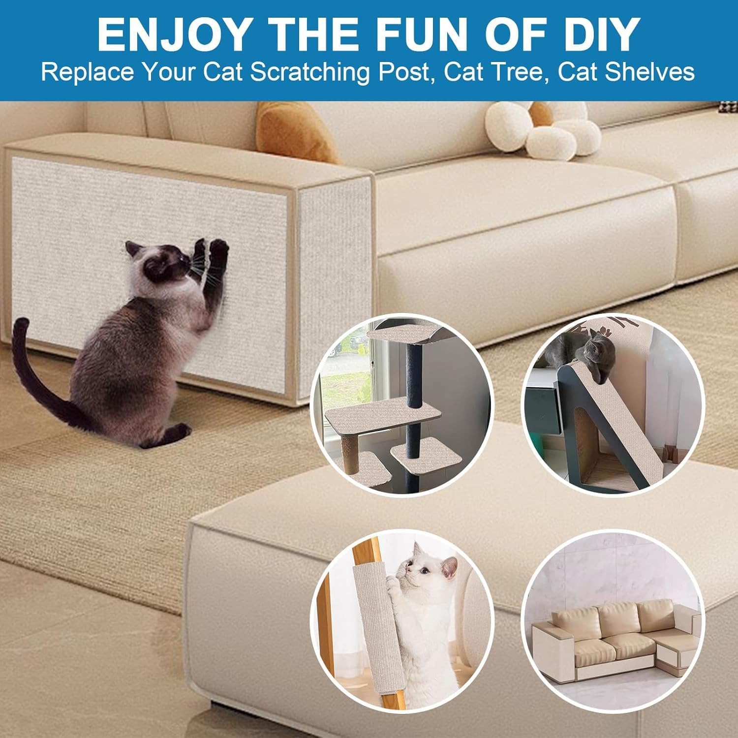 Cat Couch Protector, 200&times;40Cm DIY Self Adhesive Cat Scratching Mat, Sofa Protection anti Claws Corner Wall Scratcher Post Sisal Scratching Mat for Cat Tree Shelves Post Wall (Beige) image number 5