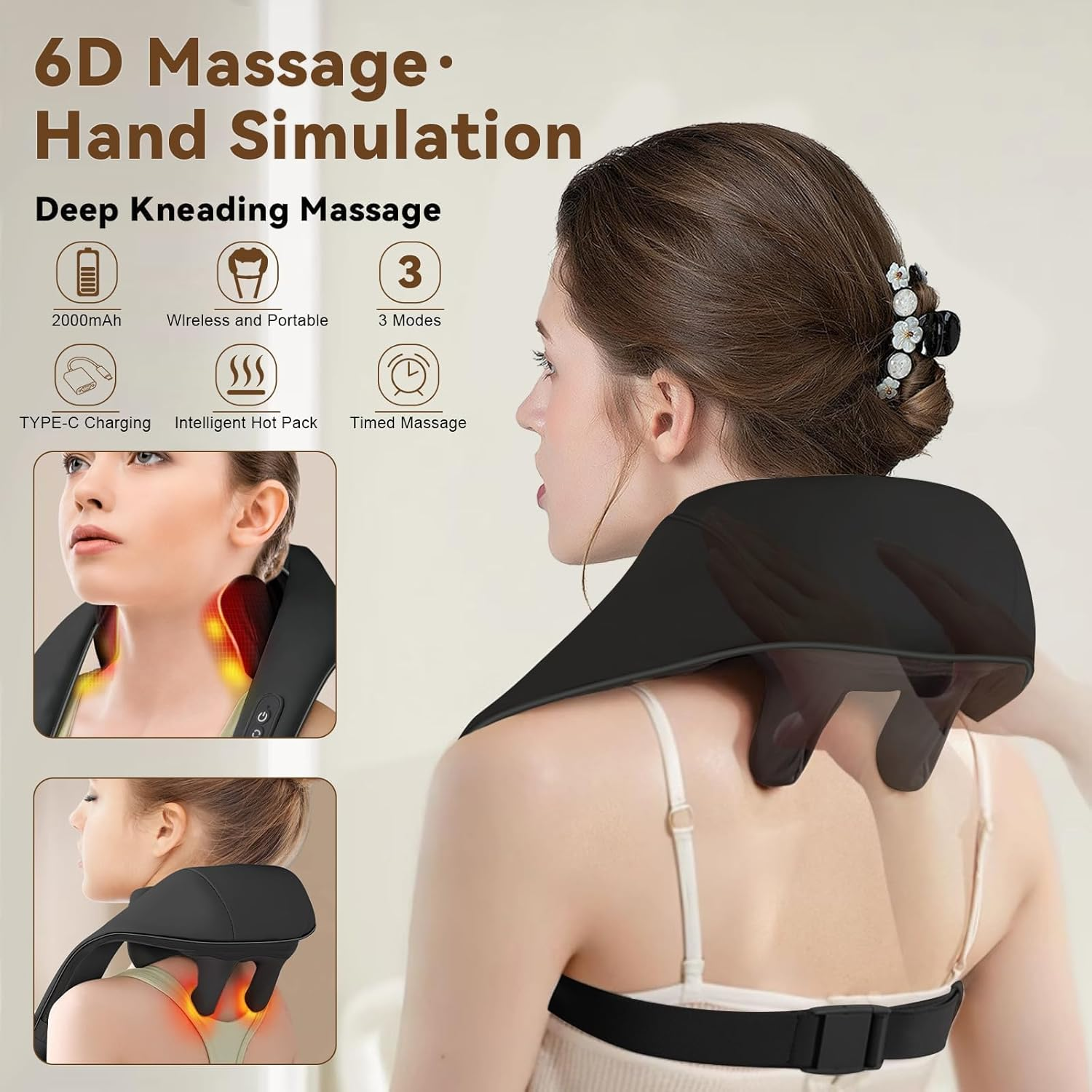 YOKONICO Neck Massager with Heat &ndash; Portable Shiatsu 6D Deep Kneading Massage Pillow for Neck, Back, Shoulders, Legs, and Feet- Relaxation & Muscle Pain Relief at Home or Office - Classic Black image number 4
