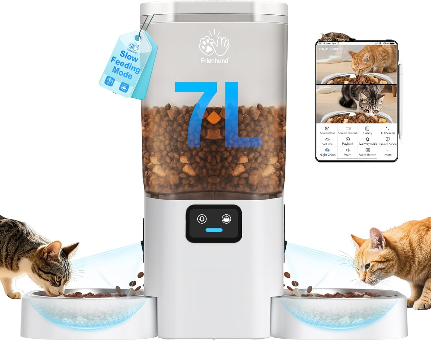 Frienhund Automatic Cat Feeder with Two HD Camera for 2 Cats: 7L Large Automatic Dog Feeder with Night Vision, 5G Wifi Auto Cat Food Dispenser for Multiple Pet, Detachable for Easy Cleaning