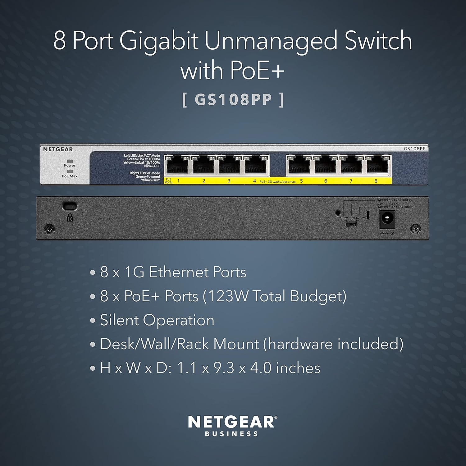NETGEAR GS108PP-100AJS 8 Port Gigabit Ethernet POE with 123W Switch image number 3