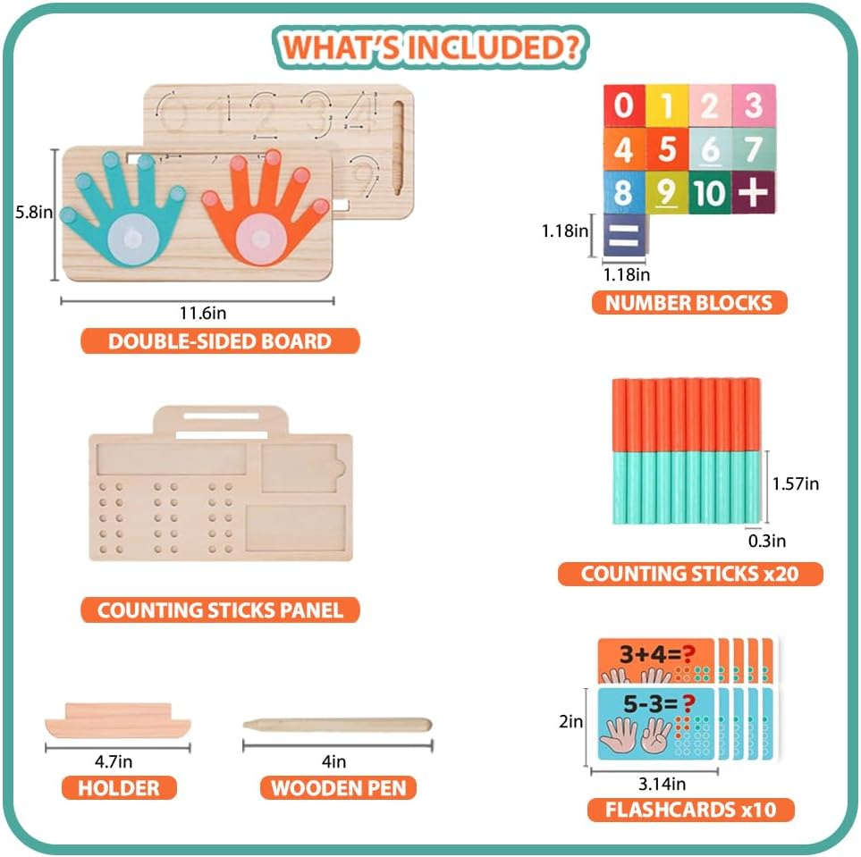Montessori Math Learning Toy for Kids &ndash; Wooden Educational Counting Set with Double-Sided Board, Number Blocks, 20 Pcs Counting Sticks, 10 Pcs Flashcards, Holder & Pen - Preschool Learning Activities image number 1