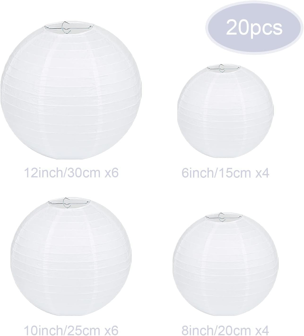 20Pcs White Paper Lanterns Chinese Hanging Paper Lanterns Mix Size Decorative Party Lanterns for Wedding Birthday Halloween Party DIY, 4 Size(15-20-25-30Cm) image number 5