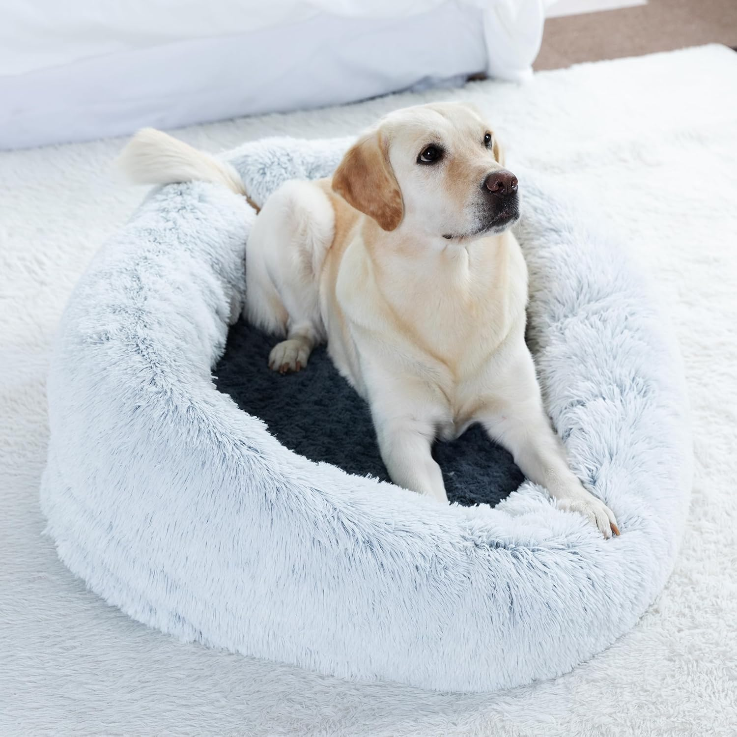 Best Baisite Size XL Medium and Large Orthopedic Dog Bed, Soothing Donut Shaped Pet Bed, Washable and Removable Bed Cover Non-Slip Bottom, 105X75X25Cm Gray