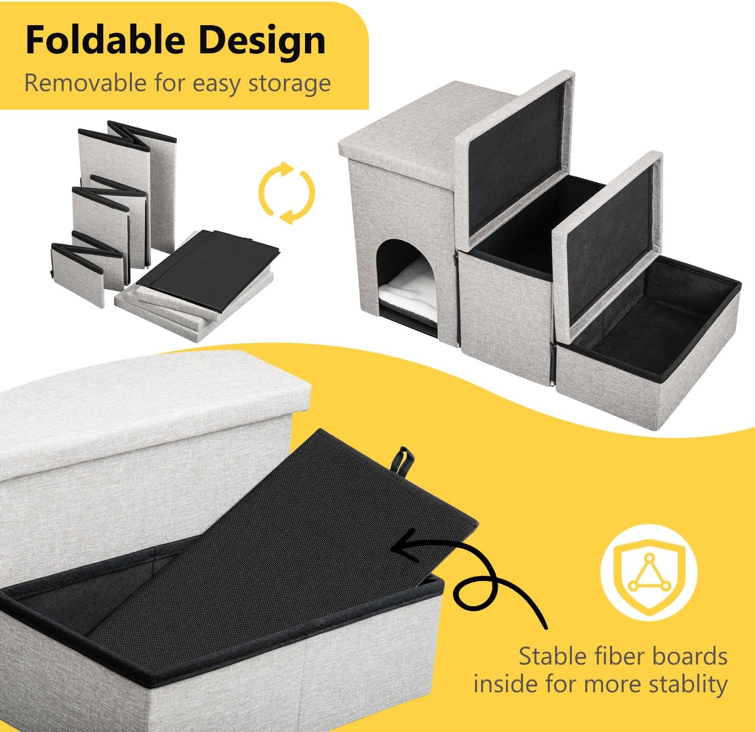 Truepal 3 Step Portable Pet Soft Plush Ladder, Foldable Dog and Cat Stair Ramp, Sofa High Bed with Storage Box, Suitable for Pets with Joint Pain, Removable Cleaning Cover, Dog Bed Stairway Perch