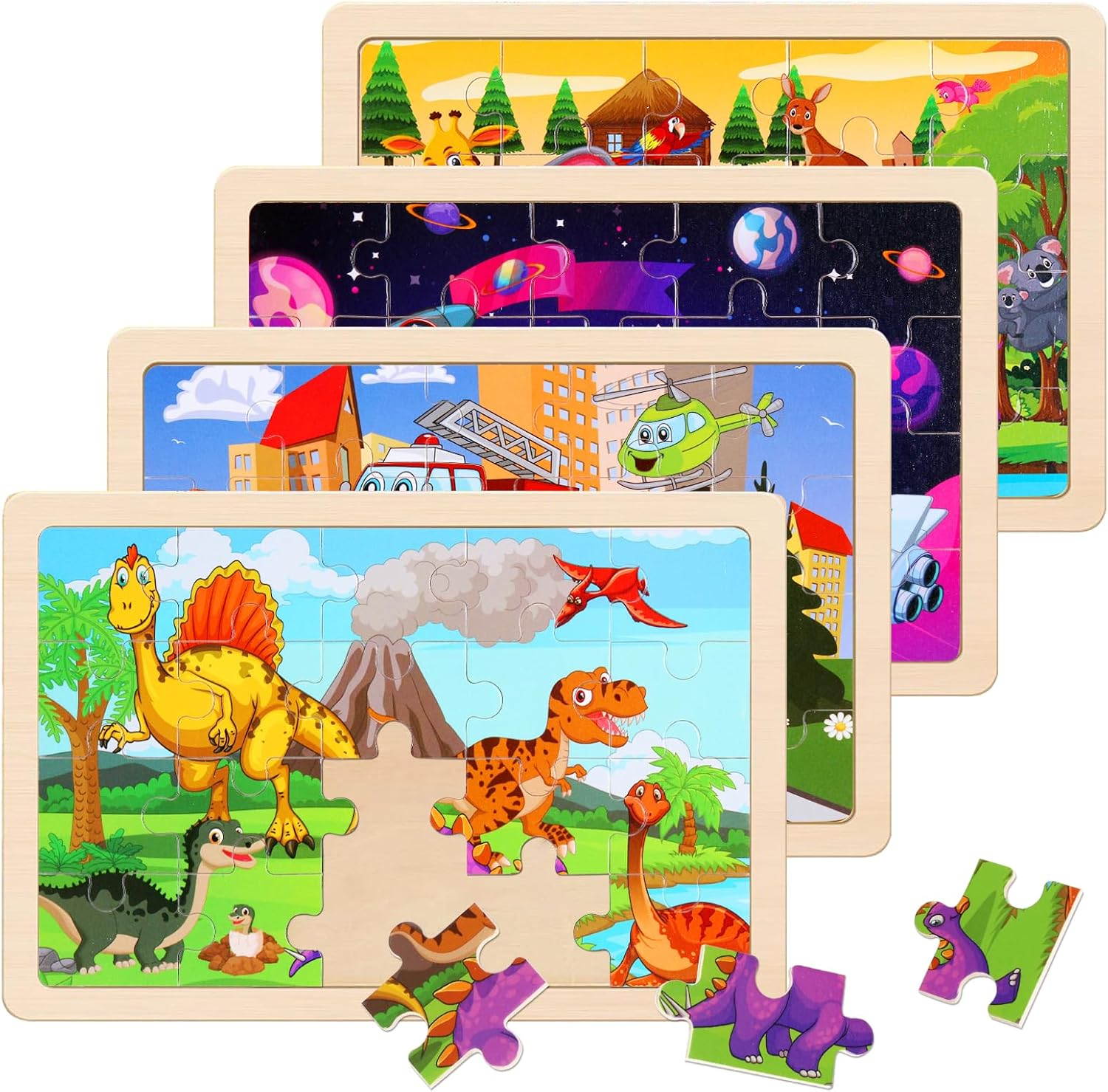 Wooden Puzzles Toys for Kids Ages 3-5, Set of 4 Packs with 20-Piece Unicorn Mermaid Princess Wood Jigsaw Puzzles, Preschool Educational Brain Teaser Toys for Girls 3 4 5 6 Years Old.