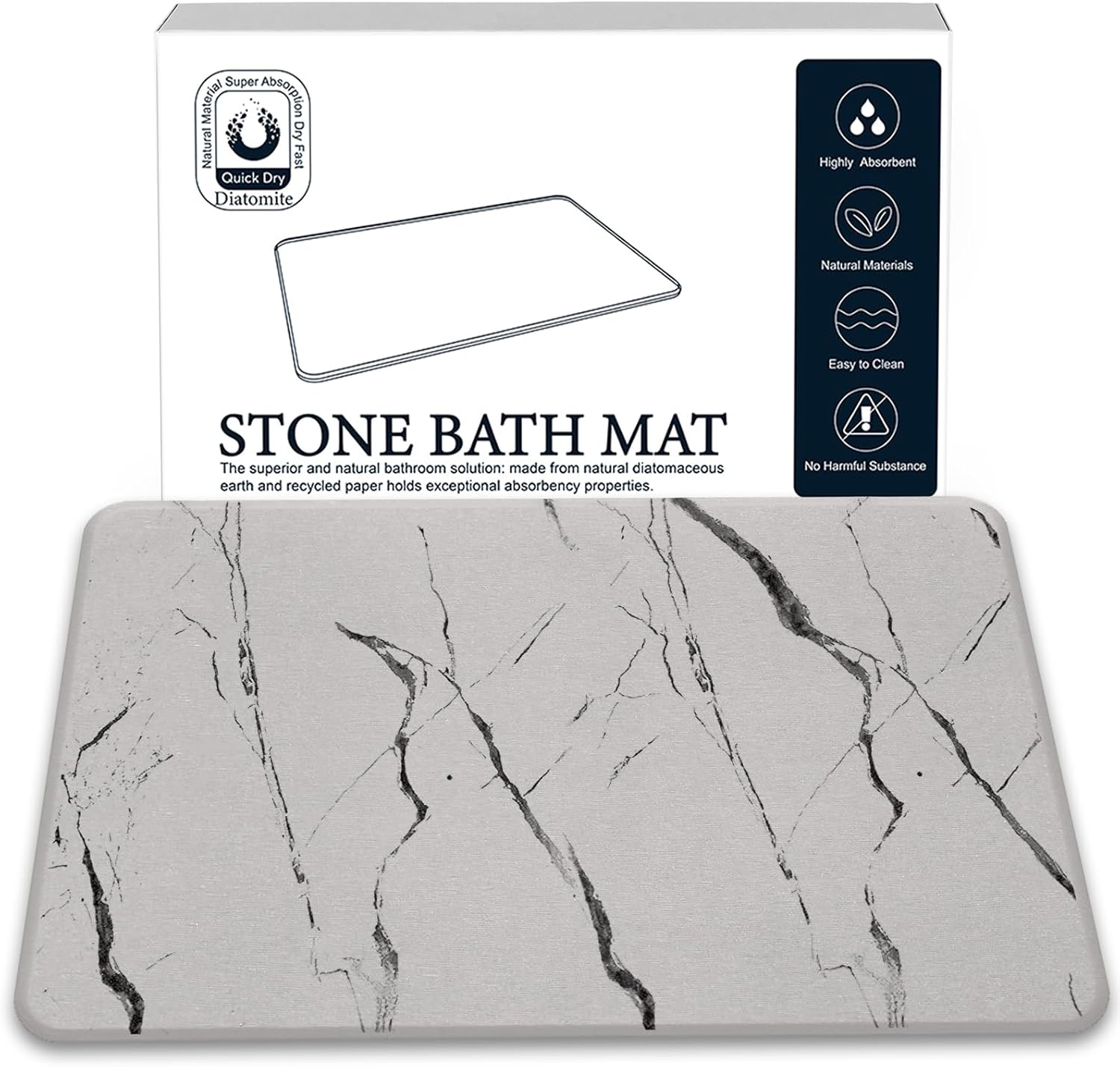 Stone Bath Mat, Diatomaceous Earth Shower Mat,(23.6" X 15.4") Non-Slip Super Absorbent Quick Drying Bathroom Floor Mat, Natural-Elegant & Modern Design, Easy to Clean (Striped Dark Gray)