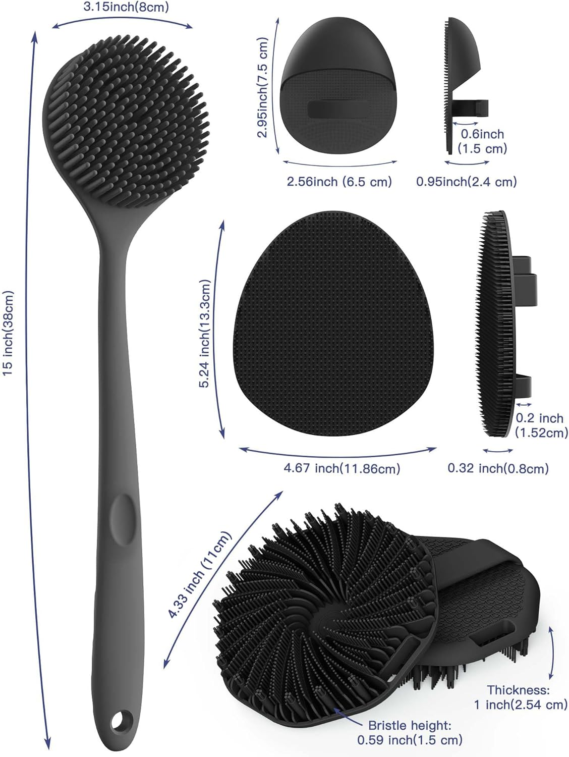Manmihealth Silicone Back Scrubber & Soft Bath Glove Set 4 Pcs(Thick Bristles), Super-Exfoliating Body Scrubber & Super-Lathering Shower Brush Combination, with 2 Free Hooks (Black) image number 4