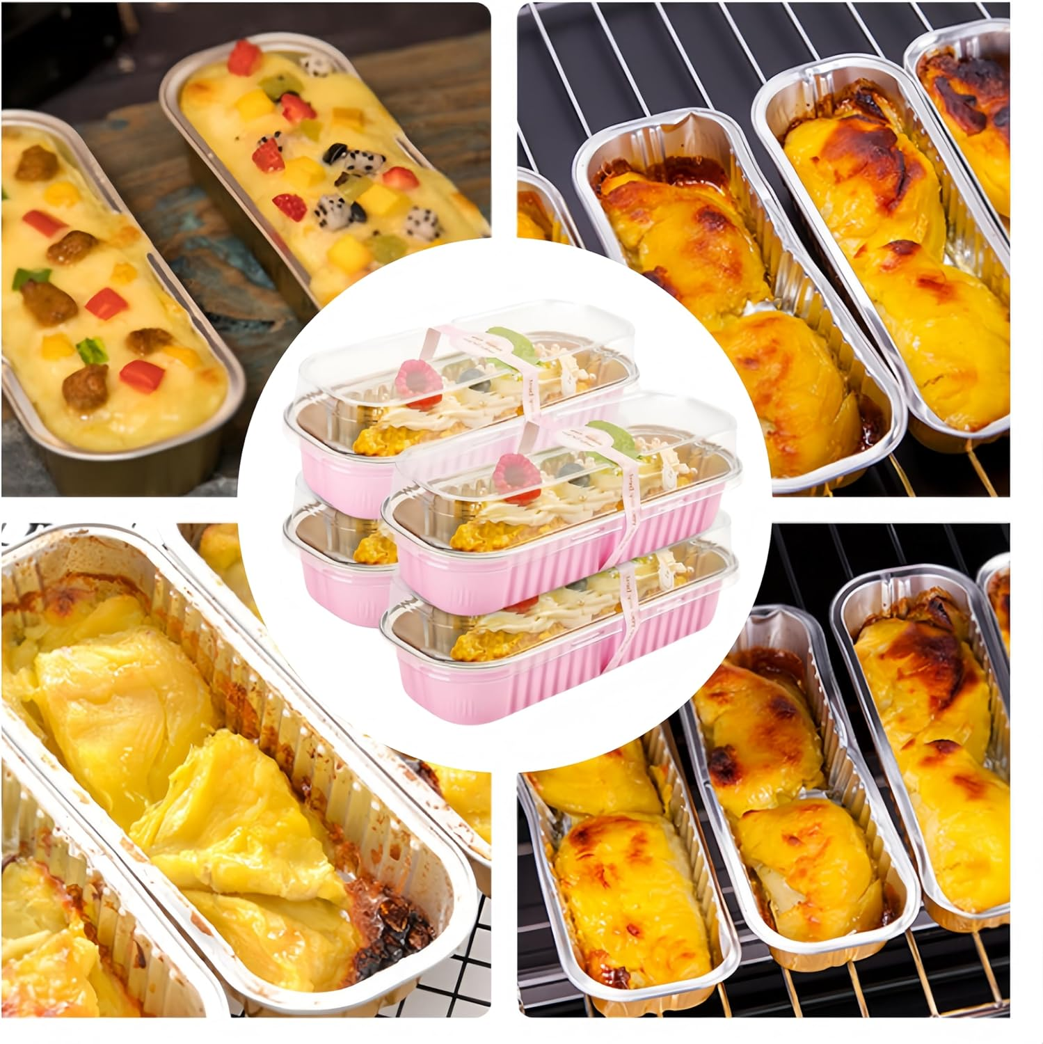 100 Pack Mini Loaf Pans, Ai-Oumleef Aluminum Mini Loaf Pans with Lids and Spoons,Rectangle Aluminum Foil Baking Pans Tins Containers,Cupcake Containers Cheesecake Creme Brulee Ramekins (Pink) image number 4