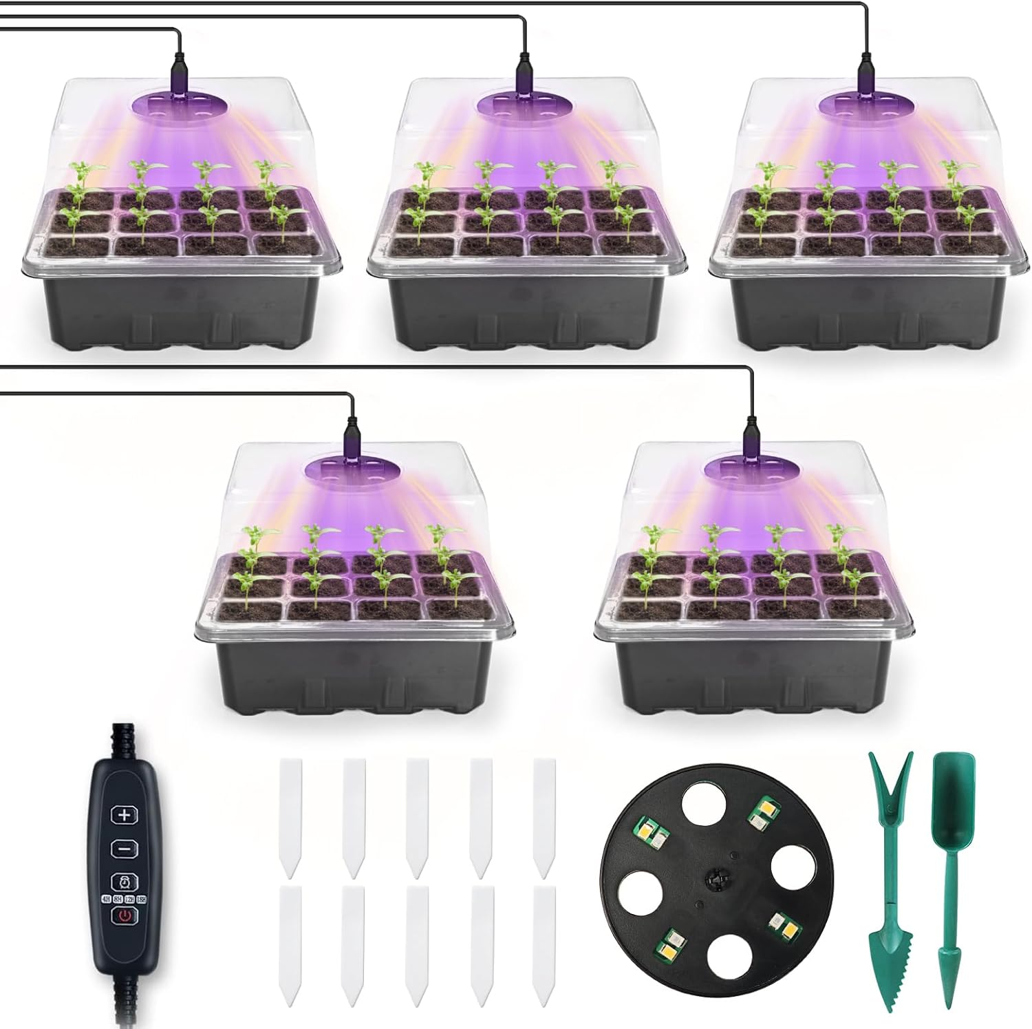 Seed Starter Tray with Grow Light, 5 Pack 60 Cells Seed Starter Kit with Humidity Dome and Base, Plant Seedling Trays Indoor Greenhouse Gardening
