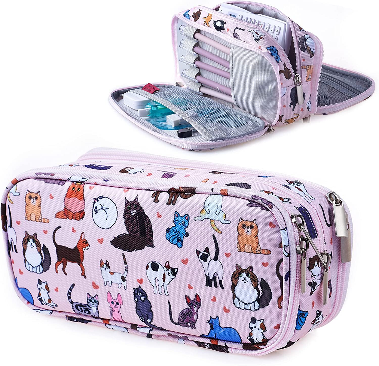Cute Cat Pencil Case Super Large Capacity 3 Compartments Canvas Pencil Box Kawaii Makeup Bag Cat Gifts for Boys Girls