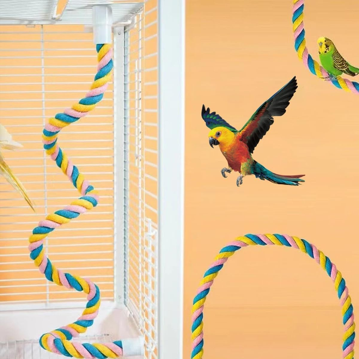 AIMALL U-Shaped Parrot Climbing Cotton Rope Bird Toy with Metal Screw Ends, Multicolour Bird Cage Stand Perch for Cockatiels Budgies Conures, 23.6In 31.5In 39.3In 47.2In Options image number 6