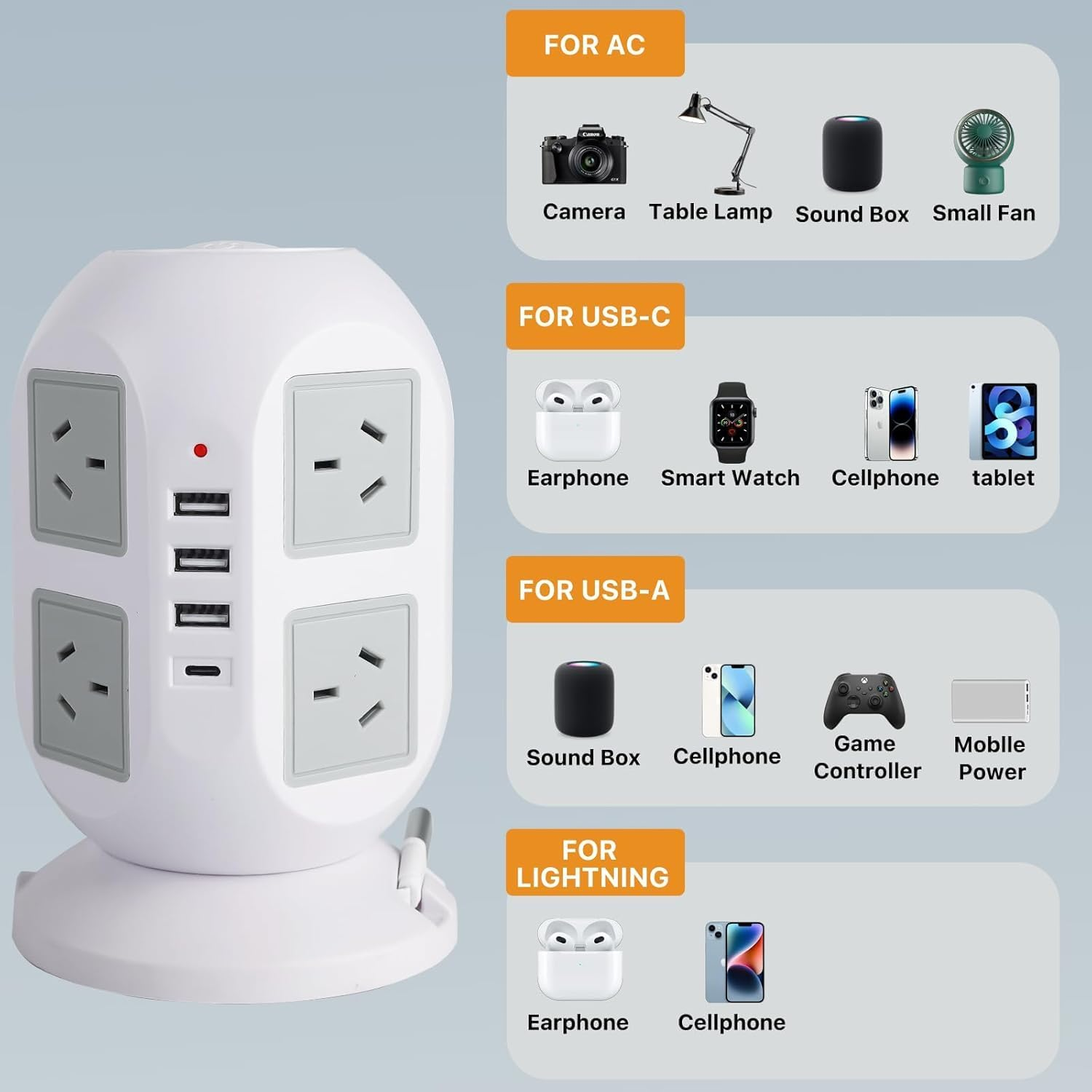 Tower Surge Protector Power Strip 10 Ft, Long Extension Cord with Multiple Outlets, 8 AC Outlets with 4 USB Ports (1 USB C), Charging Station Surge Protection, for Home Office Dorm (White) image number 6