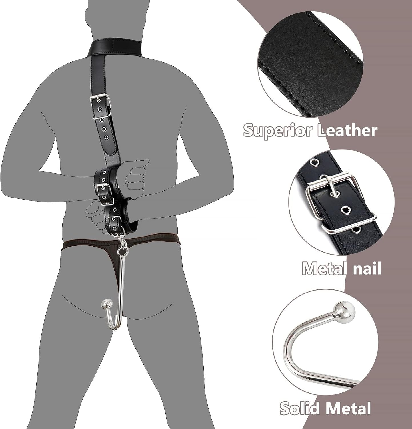BDSM Anal Hook with Ball Gag, 2 in 1 Leather Sex Bondage Set Anal Trainer with Collar, Handcuffs & Adjustable Strap, Restraints Kit Role Play Butt Plug Fetish Slave SM Adult Sex Toys Unisex image number 4