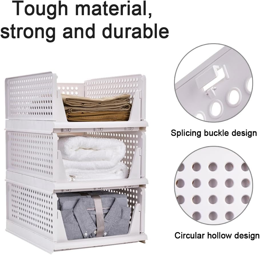 3 Pack Stackable Clothes Storage Folding Wardrobe Storage Box Basket Organizer Bins Sliding Cabinet Drawer Shelf for Wardrobe Cupboard Kitchen Bathroom Office (White) image number 4