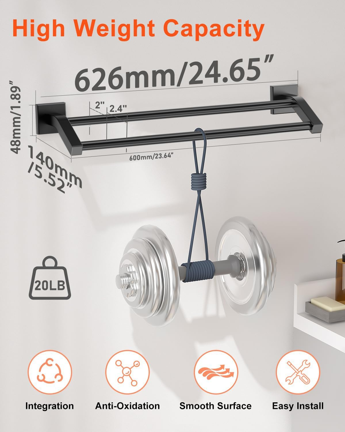 Alise GK9009-B Bathroom Double Towel Bar Wall Mount 24-Inch,Sus304 Stainless Steel Matte Black