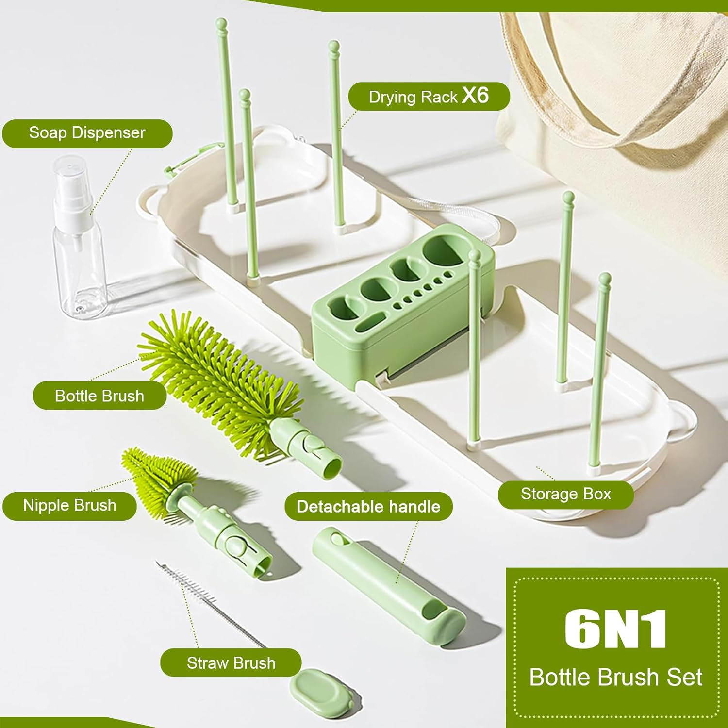6-In-1 Portable Baby Bottle Brush Set with Case, Bottle Cleaner Kit with Drying Rack, Bottle Brush, Nipple Brush, Straw Brush, Soap Dispenser, Aby Travel Essentials for Mums & Dads (Green) image number 1