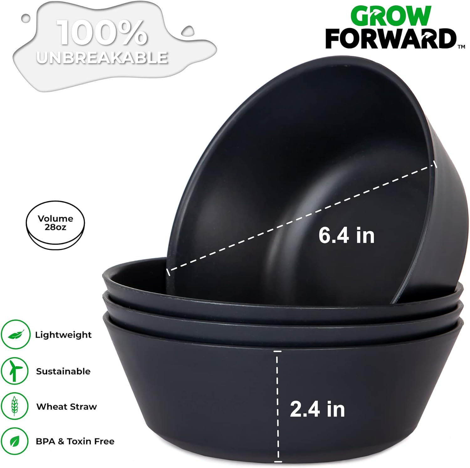 Grow Forward Premium Wheat Straw Plates and Bowls Sets - 8 Unbreakable Microwave Safe Dishes - Reusable Wheat Straw Dinnerware Sets - Plastic Plates and Bowls Alternative for Camping, RV - Midnight image number 6