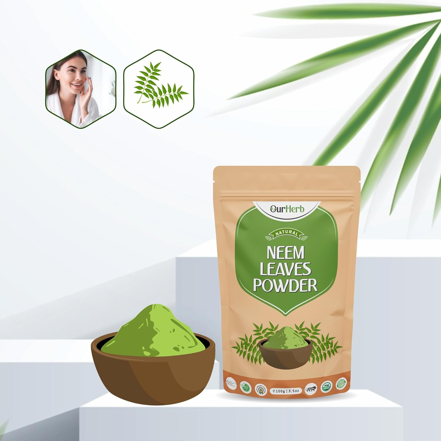 Ourherb Pure & Natural Neem Leaves Powder (Azardirachta Indica Powder) for Health, Skin Care & Hair Care with Wooden Spoon - 100G | 3.5 Oz image number 4