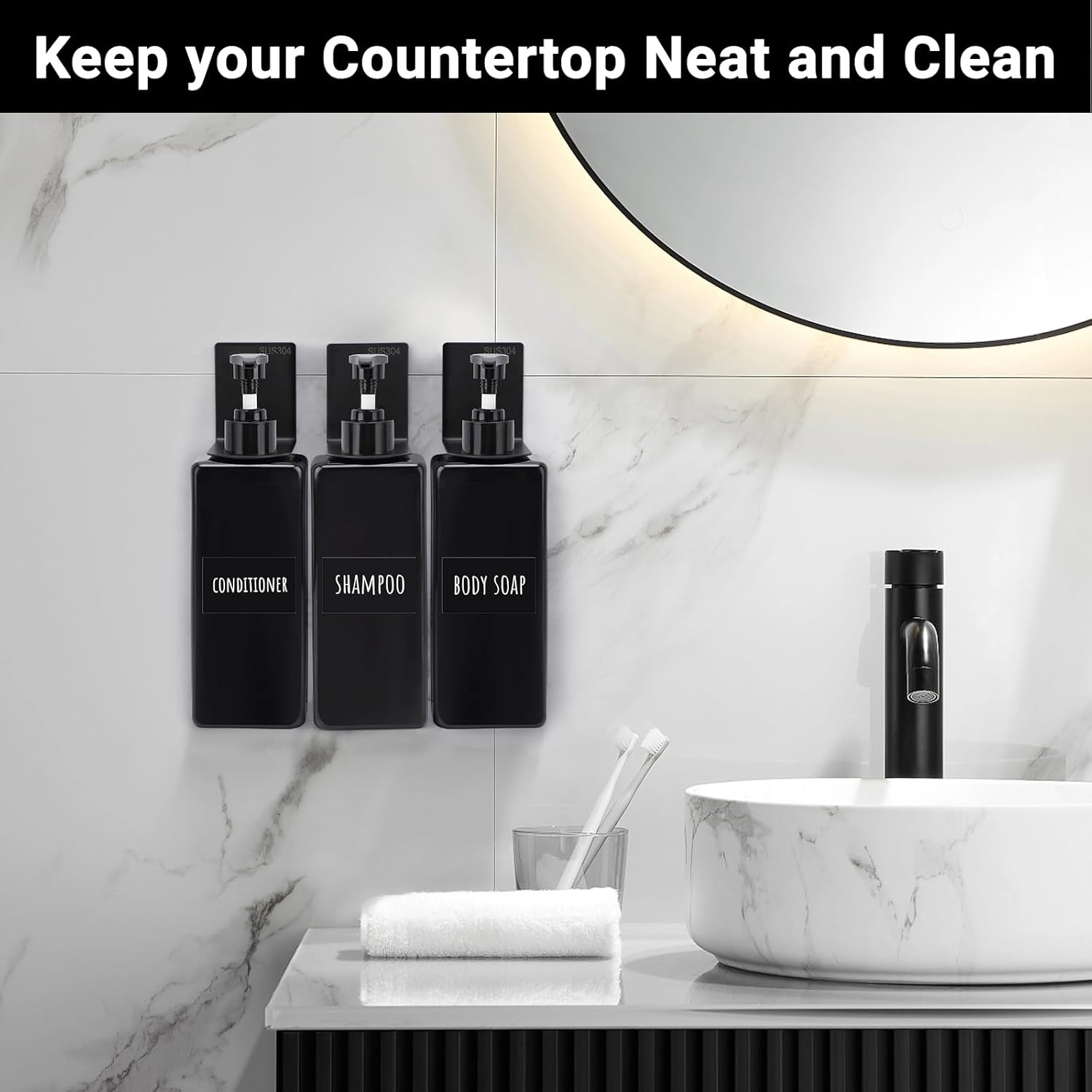 Segbeauty Wall Mounted Soap Dispenser, 3Pcs 500Ml Hand Soap Dispenser, Empty Shower Bottles, No Drilling Pump Dispenser with Labels, for Kitchen and Bathroom (Black) - White image number 4