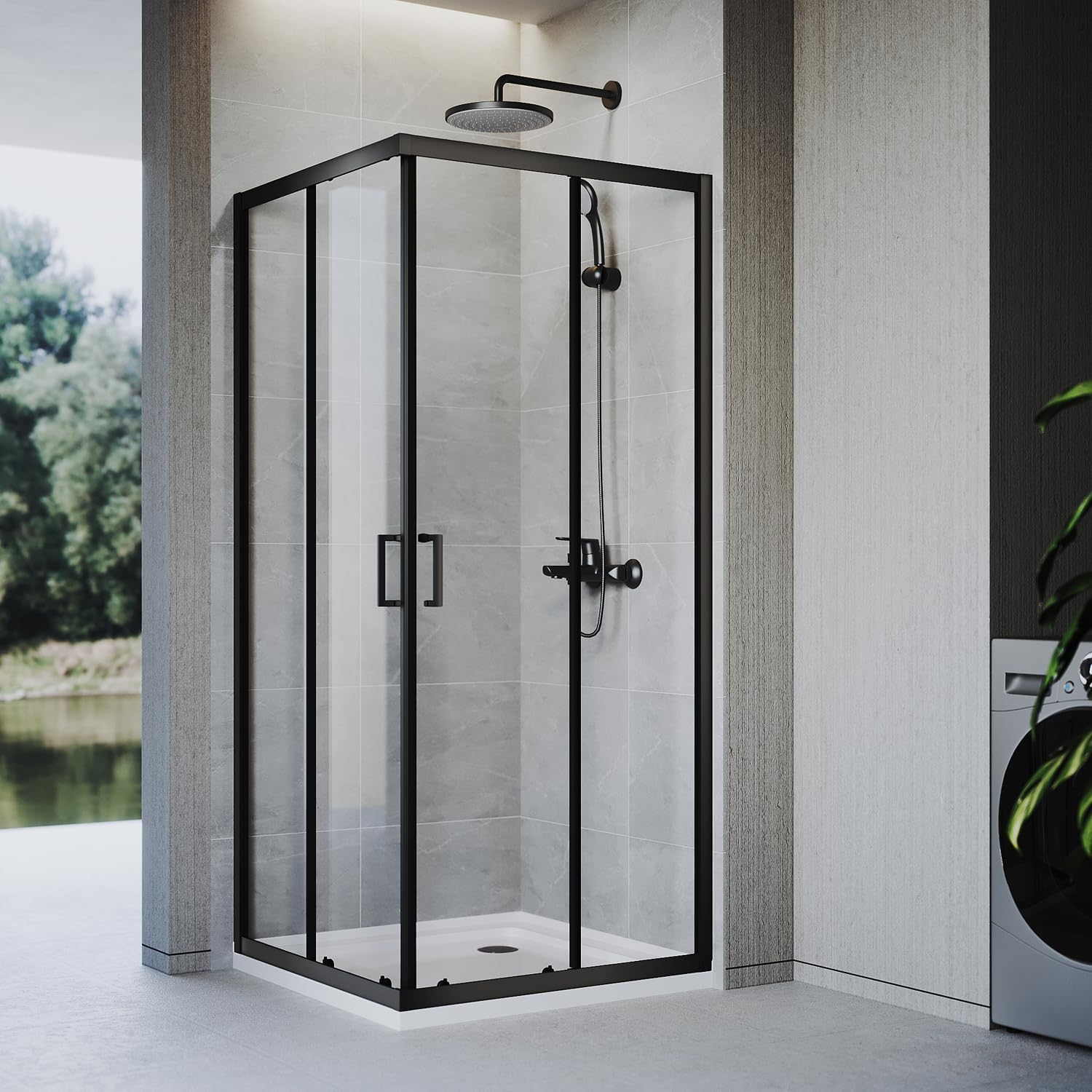 ELEGANT Shower Enclosure Corner Black, Sliding Door Bathroom Screen 900X900Mm with 5Mm Tempered Glass, Single-Sided Aluminium, 1900Mm Height, No Shower Base image number 2