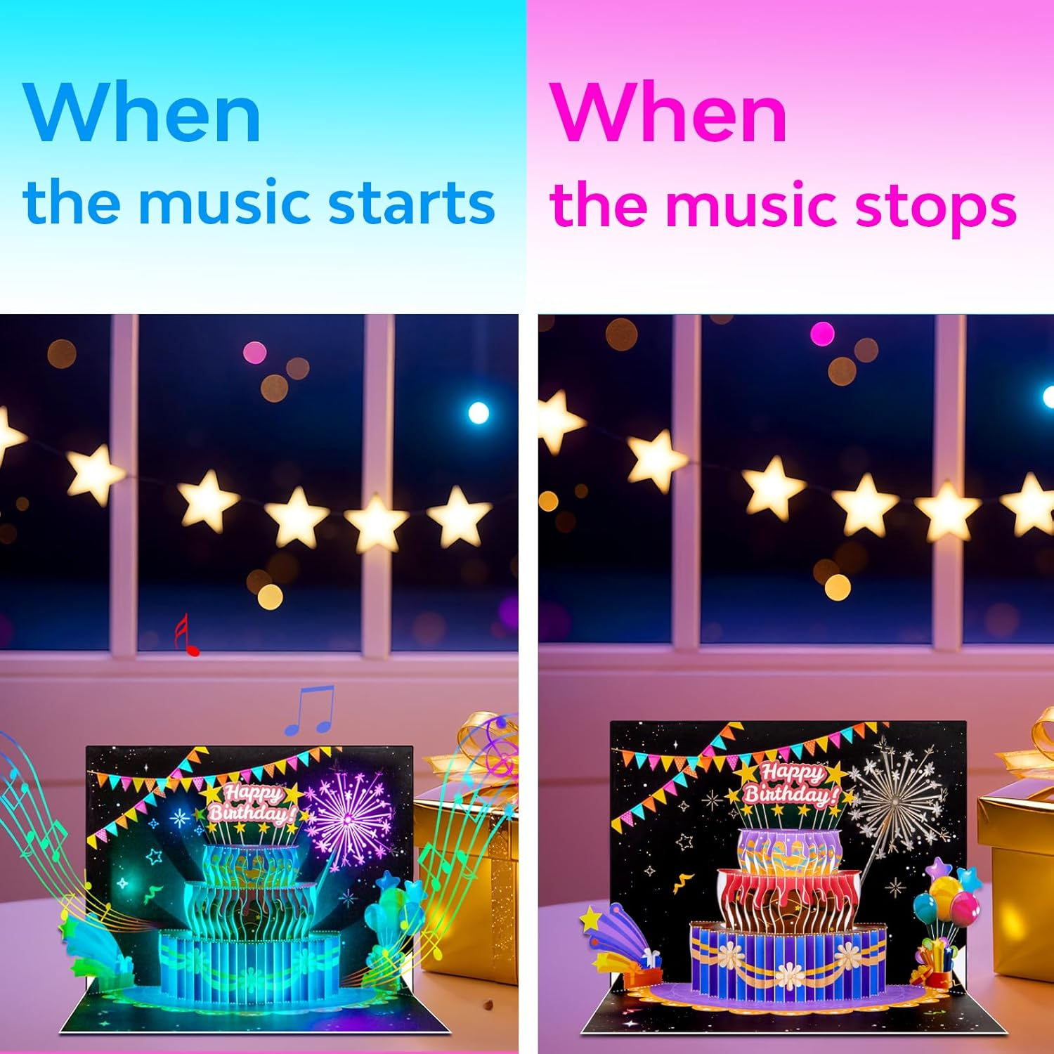 Musical 3D Birthday Cake Pop-Up Card with LED Lights and Music &ndash; Happy Birthday Card with Fireworks and Balloons &ndash; for Kids, Adults, Friends, and Family &ndash; Birthday Gift with Envelope and Notecard - Dinosaurs image number 5