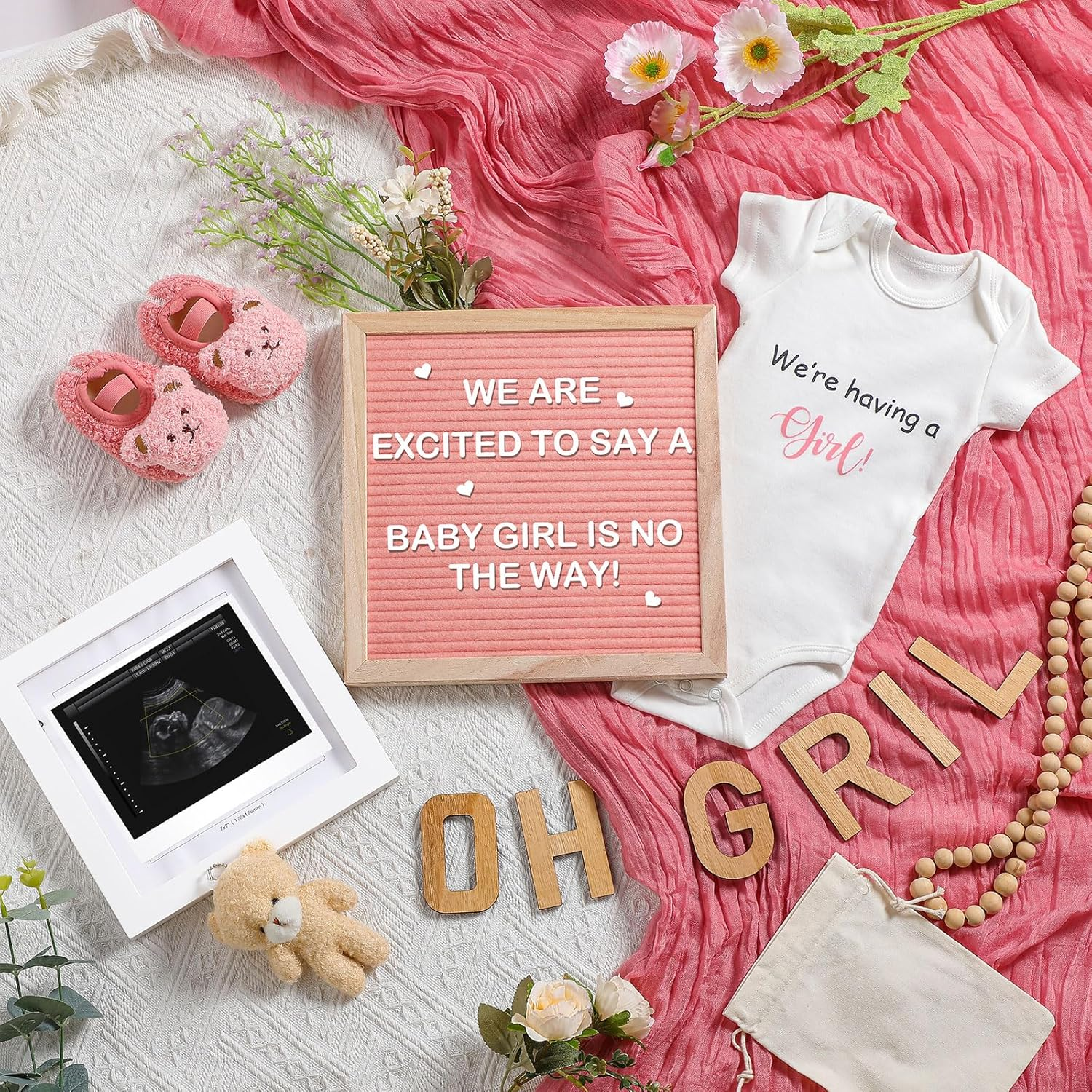 9 Pcs Pregnancy Announcement Set Pregnancy Reveal Ideas Felt Letter Board Baby Bodysuit Baby Booties Photo Frame Bear Plush Baby Wood Blocks for Coming Soon Baby Announcement (White,Bright)