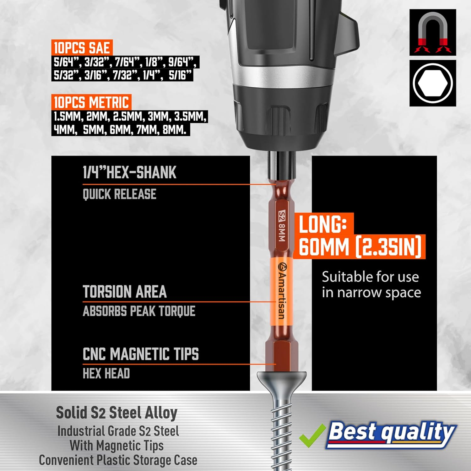 Amartisan 20 PACK Hex Head Allen Wrench Drill Bit Set, Metric and SAE S2 Steel Hex Bits Set, Magnetic Tips, 2.3" Long with Storage Box (New Hex Bit) image number 1