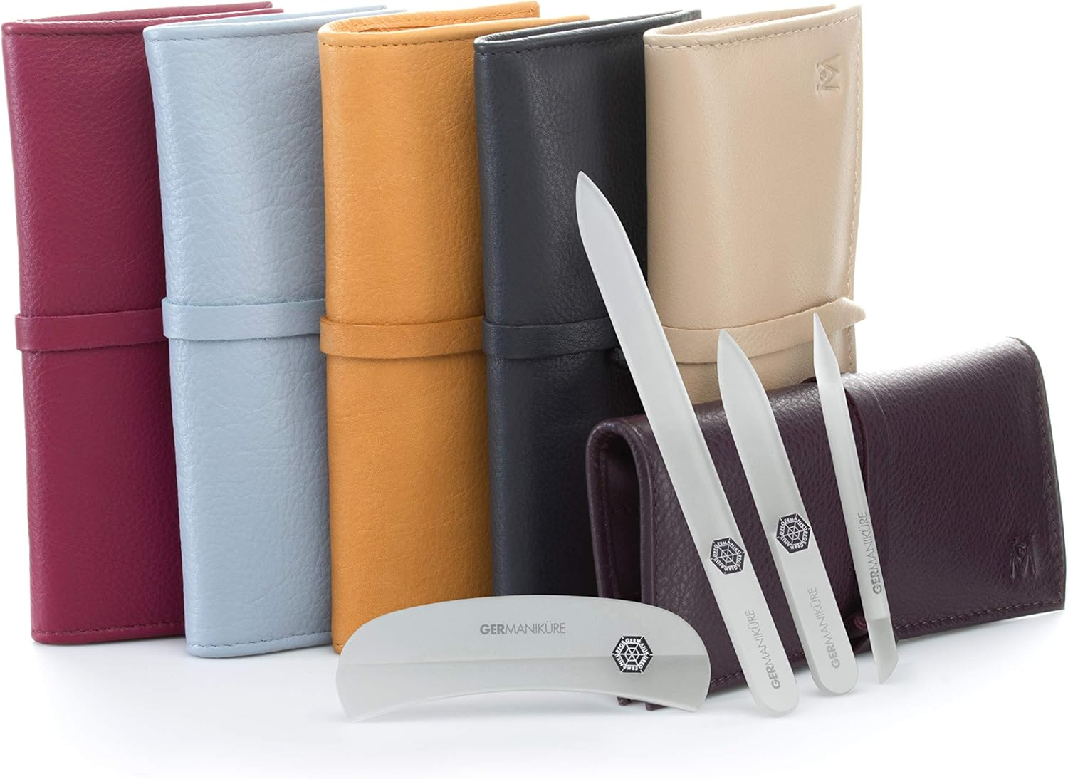 GERMANIKURE Gray Crystal Glass Nail File Set in Eggplant Purple Leather Case &ndash; Handmade in Czech Republic &ndash; Professional Manicure & Pedicure Supplies &ndash; Glass Cuticle Stick, Pusher, Moon File - Blue,Red image number 6