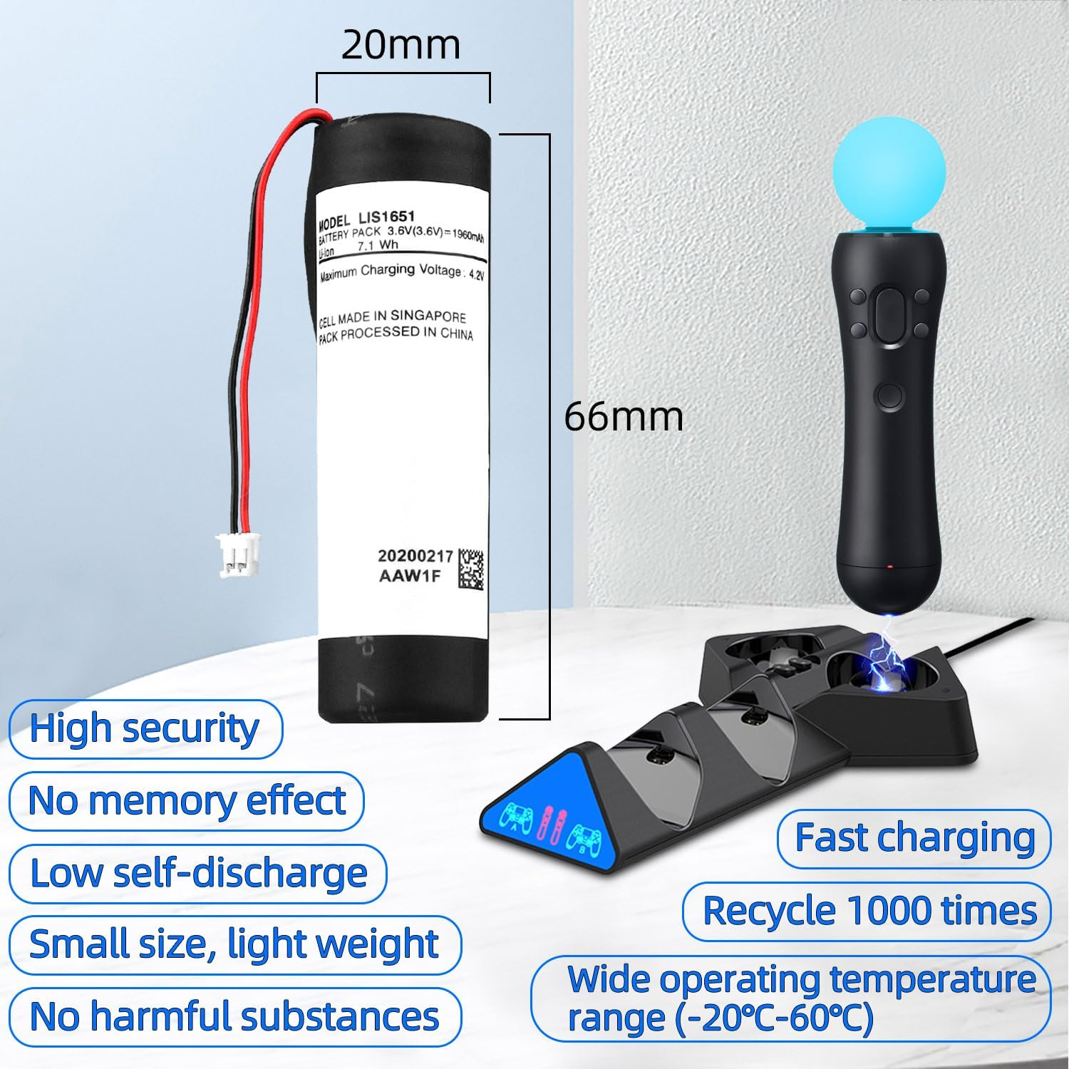 OSTENT 1960Mah Li-Ion Battery Pack Rechargeable Lithium-Ion Replacement for Sony PS4 VR Motion Controller image number 1