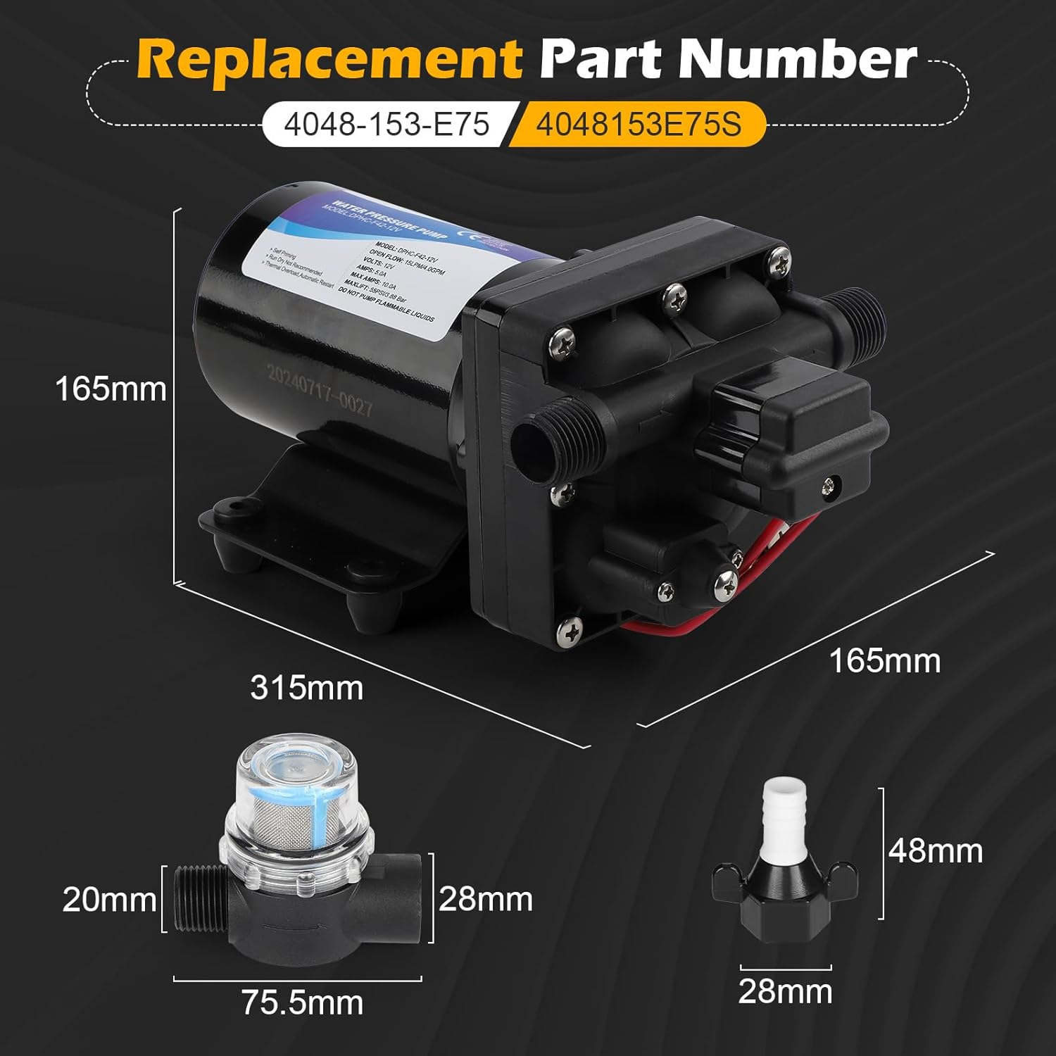 4048-153-E75 RV Water Tank Pump, 12V 4 GPM, 55 PSI, 10 Amps Multi-Fixture Automatic Demand Pump for RV Caravan Marine Yacht Replaces 4048153E75S