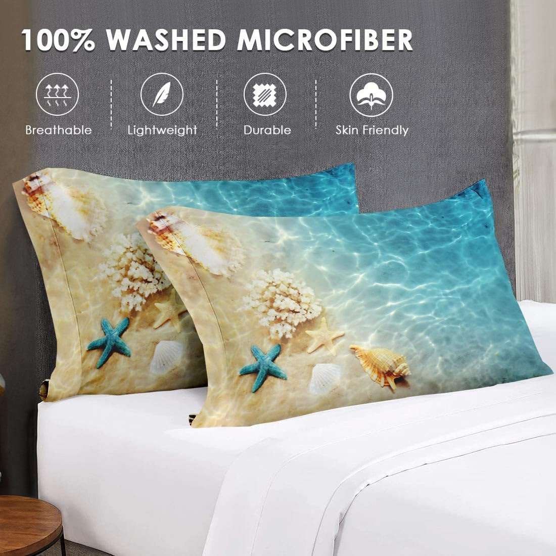 Wecozy Full Size 4 Pcs Bed Fitted Sheet Set with 14" Deep Pocket, Summer Seashell Beach Flat Sheet Set for Kids and Adults, Blue Sea Shell Animal Bedding with 2 Pillowcases for Bedroom Decor image number 4