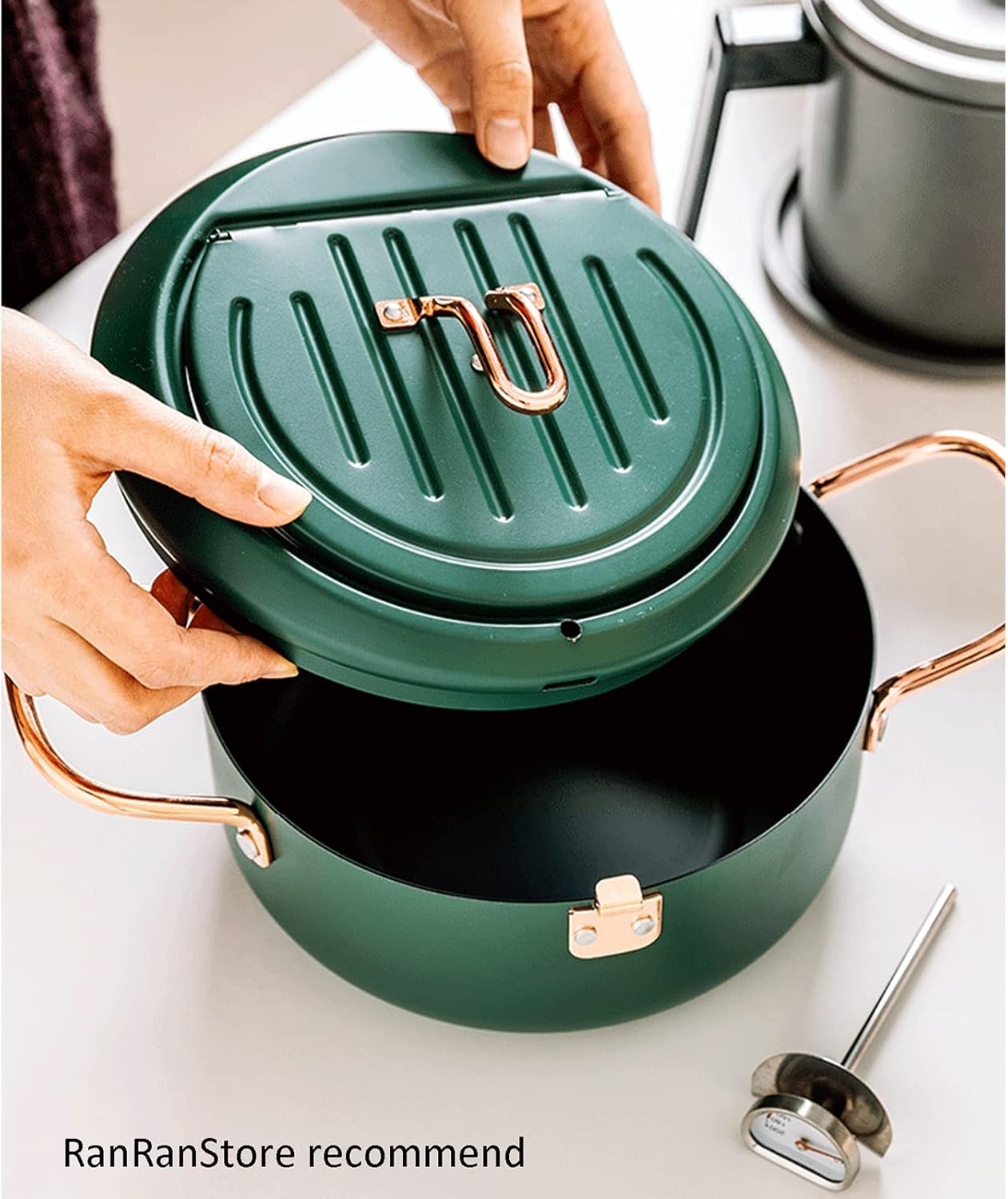 Cyrder Japanese Tempura Deep Fryer Pot with Fahrenheit Thermometer 3.5L- Nonstick Carbon Steel Oil Fryer, Fried Tempura/Chicken/Fish/Shrimp, Easy Clean, Green Big Tempura Pan, 10.2Inch