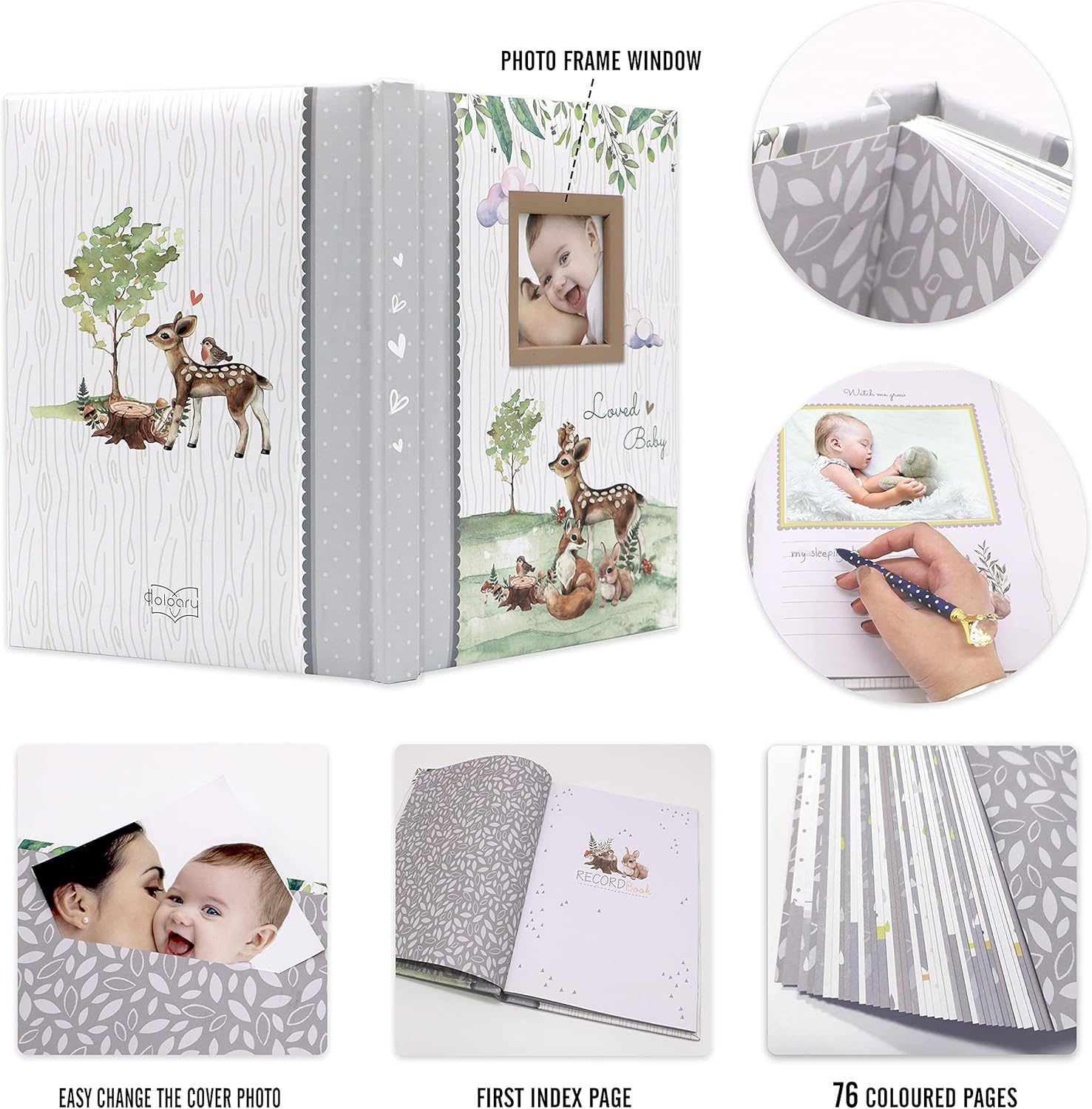 Holoary First 5 Years Baby Memory Book, 76 Colourful Illustrated Keepsake Journal Pages Record Book Album for Newborn Baby Boy or Baby Girl, Woodland Animals Design image number 1