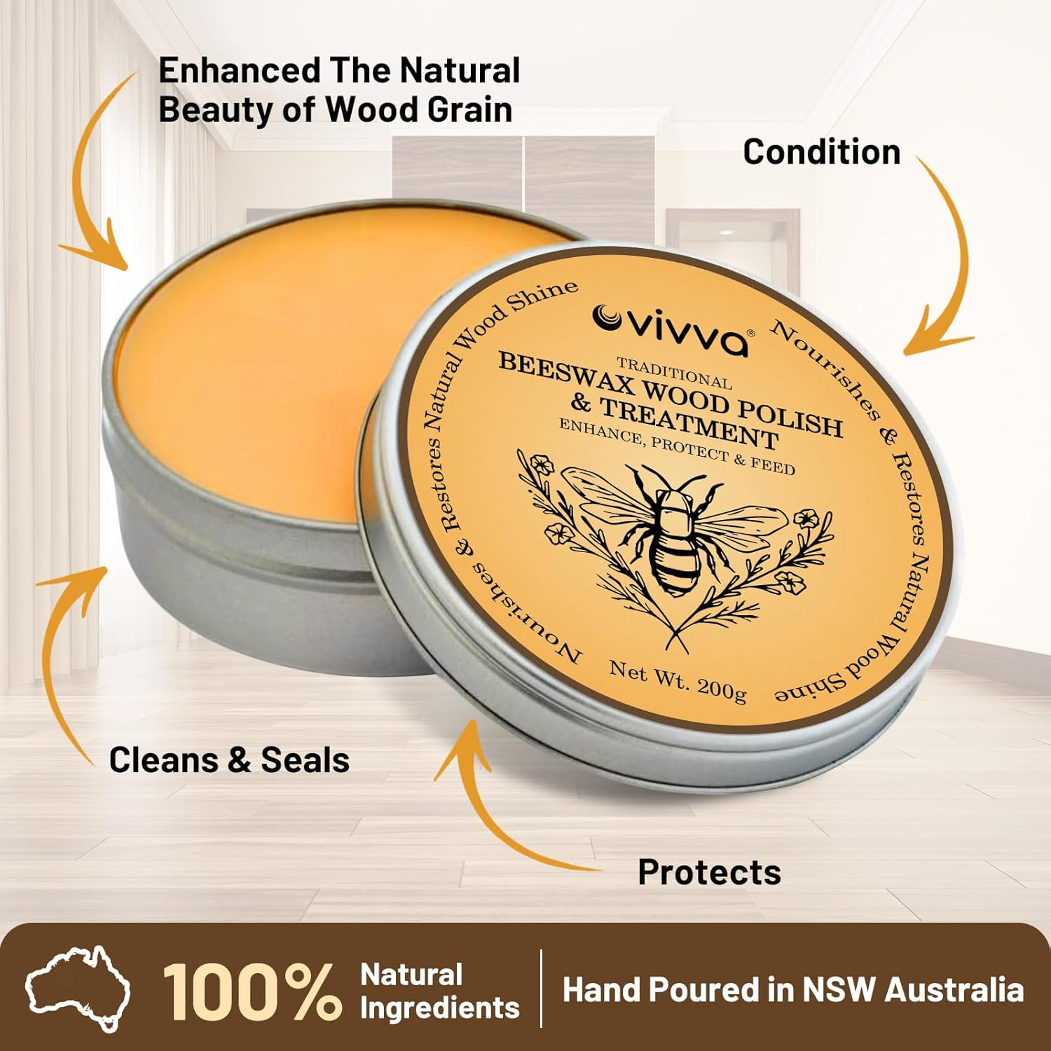 Vivva Australian Made Beeswax Wood Polish & Conditioner 200G with Sponge Food Grade Beeswax Polish Suitable for Wooden Furniture, Chopping Boards, Bamboo & Wooden Surfaces image number 5