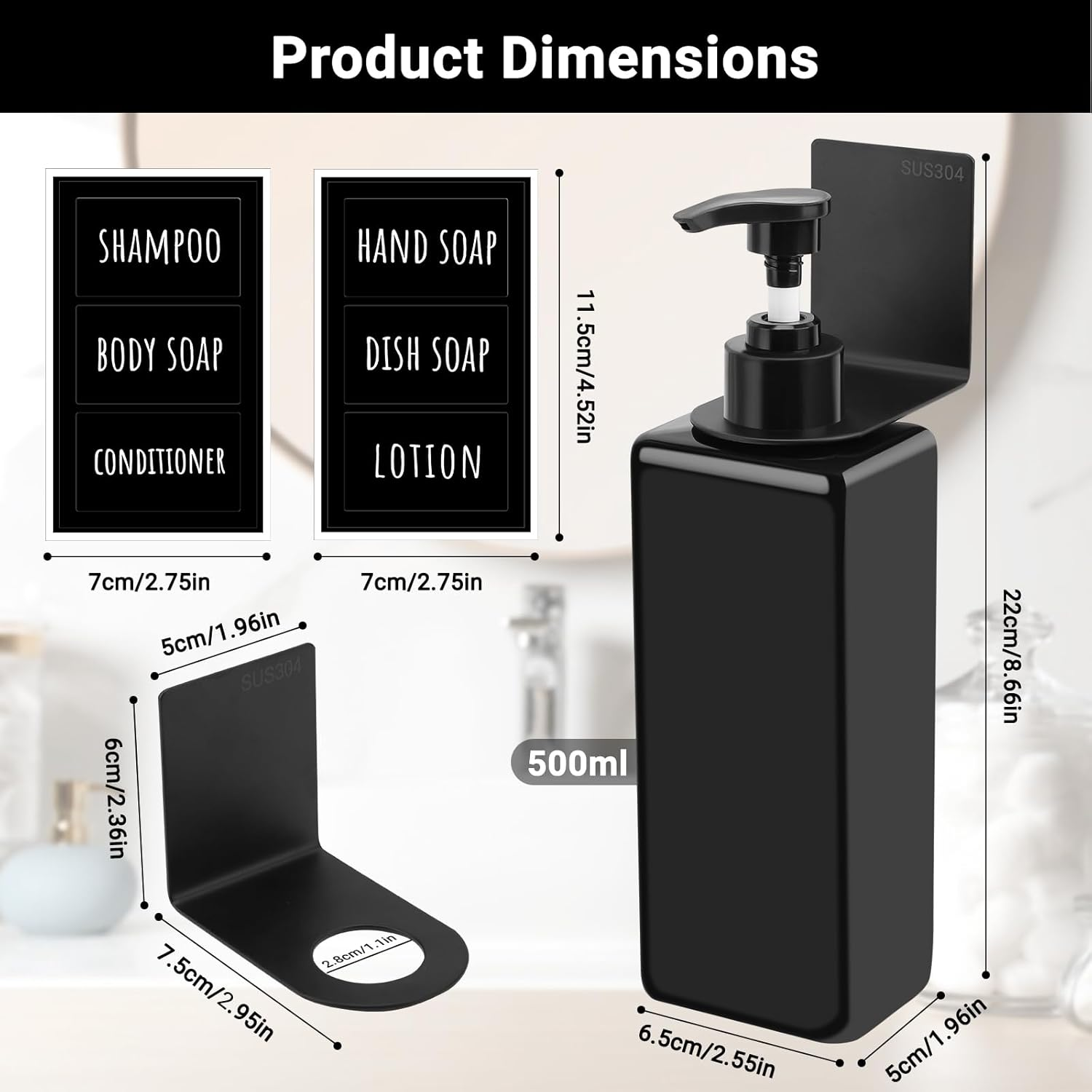 Segbeauty Wall Mounted Soap Dispenser, 3Pcs 500Ml Hand Soap Dispenser, Empty Shower Bottles, No Drilling Pump Dispenser with Labels, for Kitchen and Bathroom (Black) - White image number 7