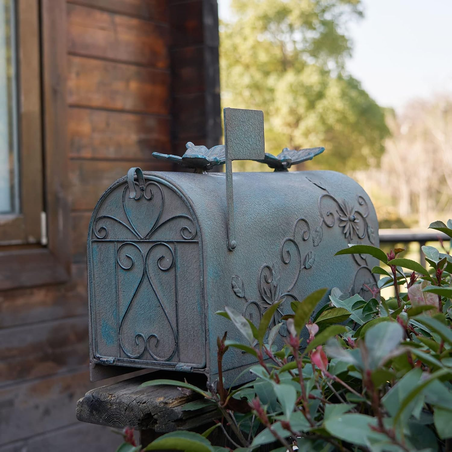 MEIYIHUI Heavy Duty Galvanized Steel Mailbox Post, Rural Mail Box Postal Storage Box with Butterfly Decoration (Vintage Green) image number 1