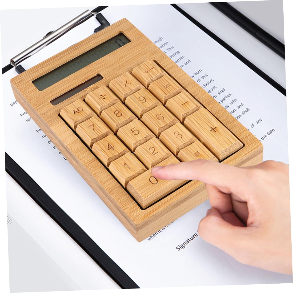 PLAFOPE Portable Bamboo Solar Calculator 18-Key Compact Electronic Calculator Right Angle Keys for Office, School, and Home Use image number 1