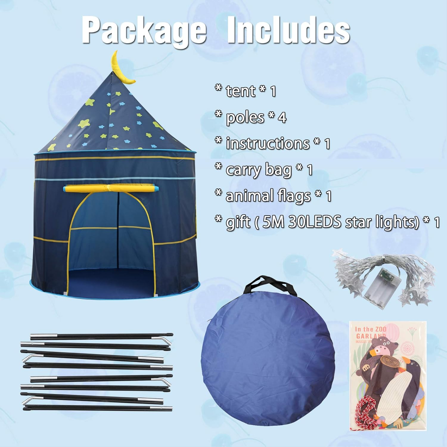 Kids Play Tent Teepee Tent Pop-Up Princess Prince Castle Play Tent with Star Lights EN71 ASTM Certified Indoor Outdoor Portable Playhouse Boys & Girls Birthday Gift (Moon Blue) image number 3