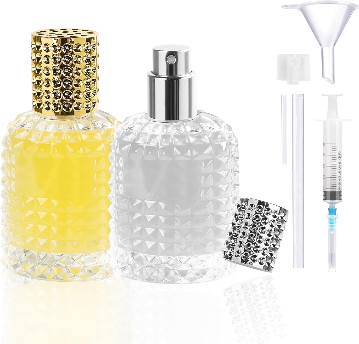 XUSSMM 2Pcs Perfume Atomiser, Gold + Grey Empty Perfume Bottles Eefillable Perfume Bottle Travel Perfume with Accessories Such as Funnel, Perfume Dispenser and Syringe for Travelling, Date, Party