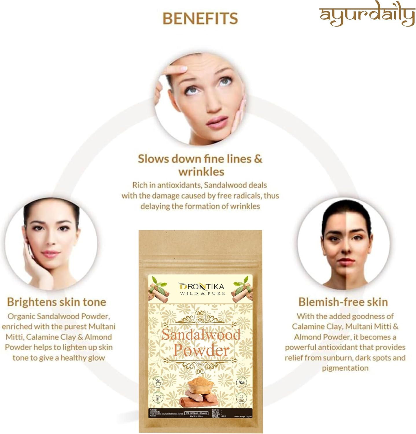 Drontika Sandalwood Face Pack Powder Santalum Album, Chandan Powder for Face and Skin Care, (Face Glowing & Tan Removal Face Pack 100Gm) Ayurvedic & Herbal image number 3