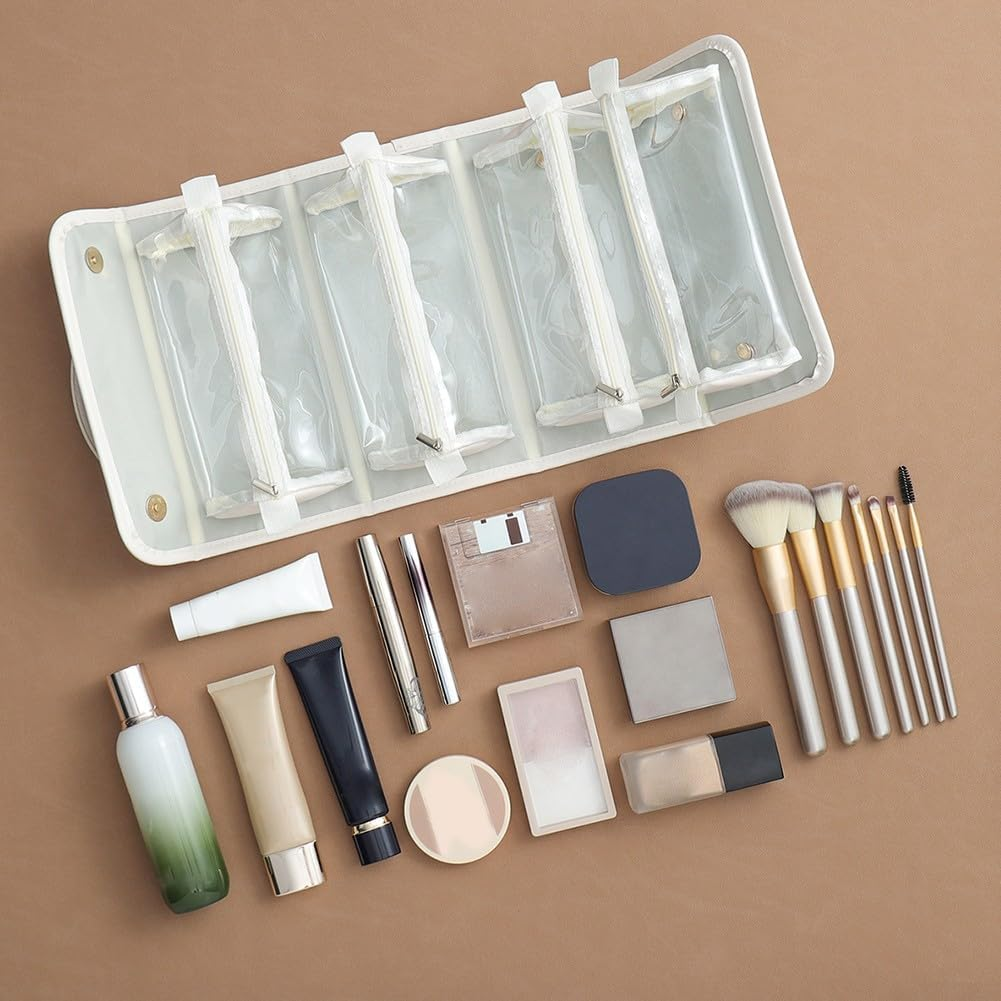 Waterproof Cosmetics Storage Bag with Hanging Feature, Foldable Makeup Organizer for Women, Large Capacity for Travel Use (Brown) image number 3