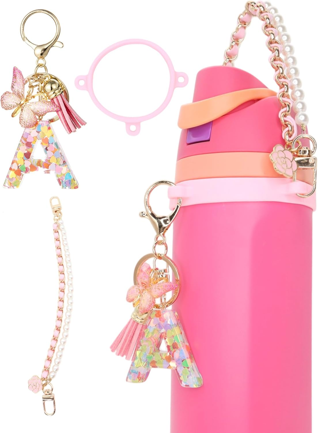 TOVICE Letter Accessories for Owala Water Bottle 24-40Oz, 3PC Cute Initial Keychain & Water Bottle Handle Strap with a Thick Elastic Silicone Ring Holder image number 7