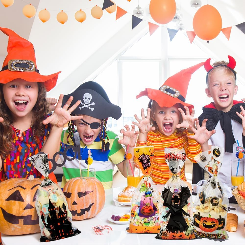 Halloween Treat Bags Halloween Candy Bags Halloween Cellophane Treat Bags 200PCS Halloween Cello Cookies Goodie Gift Snacks Bags with Twists Tie for Halloween Trick or Treat Party Favors Supplies image number 4